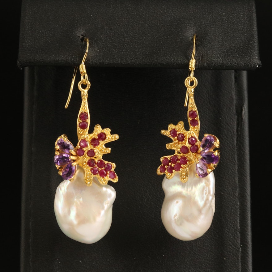 Sterling Pearl, Amethyst and Ruby Earrings