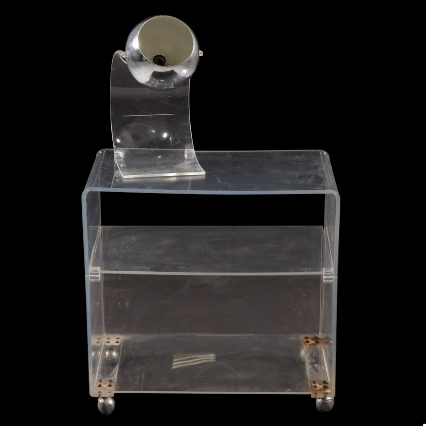 Modernist Acrylic Cart with Chrome Swivel Orb Lamp in the Style of Sonneman