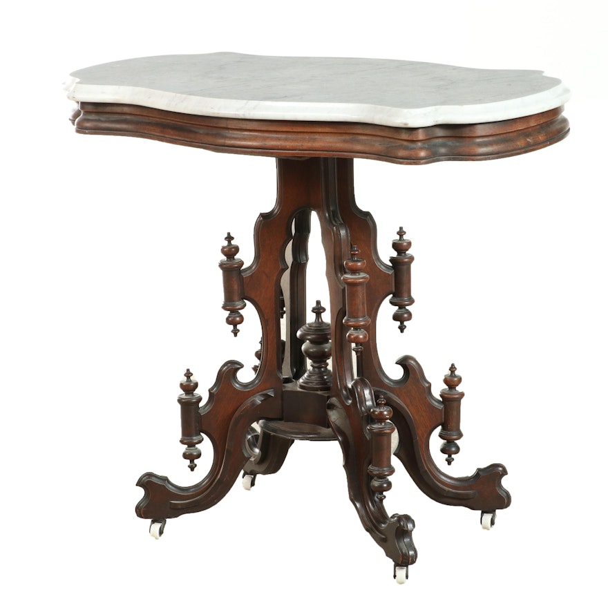 Victorian Walnut and Marble Turtle-Top Center Table, Late 19th Century