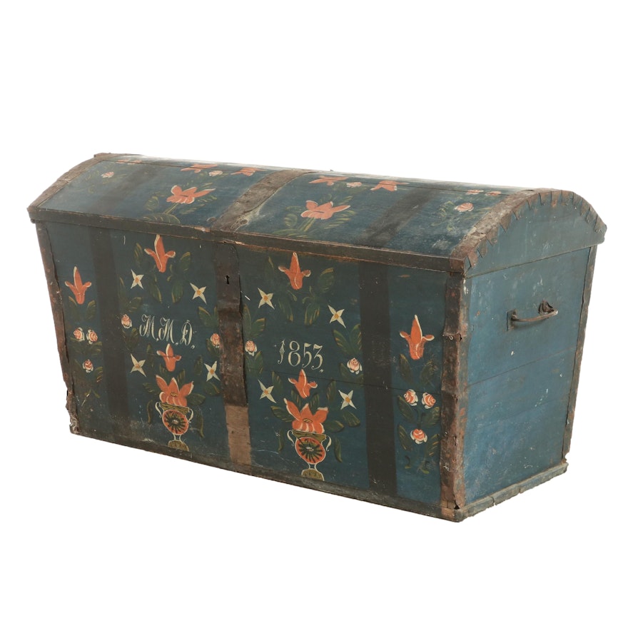 North European Metal-Bound and Polychromed Oak Dome Top Chest, dated 1853