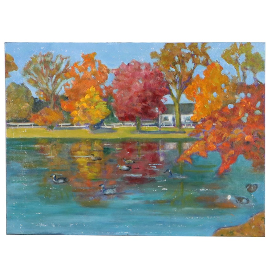 Acrylic Painting of Pond Attributed to Deborah Miller, Circa 2000