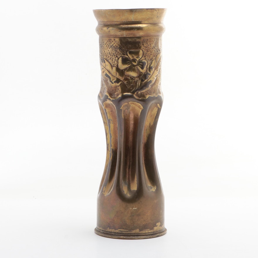 Trench Art Embossed Floral Brass M5A1 Type 1 Artillery Shell Vase, Circa 1943