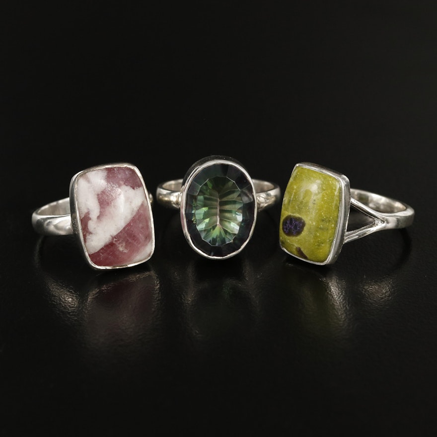 Sterling Rings Including Glass Tourmaline in Quartz and Stichtite in Serpentine