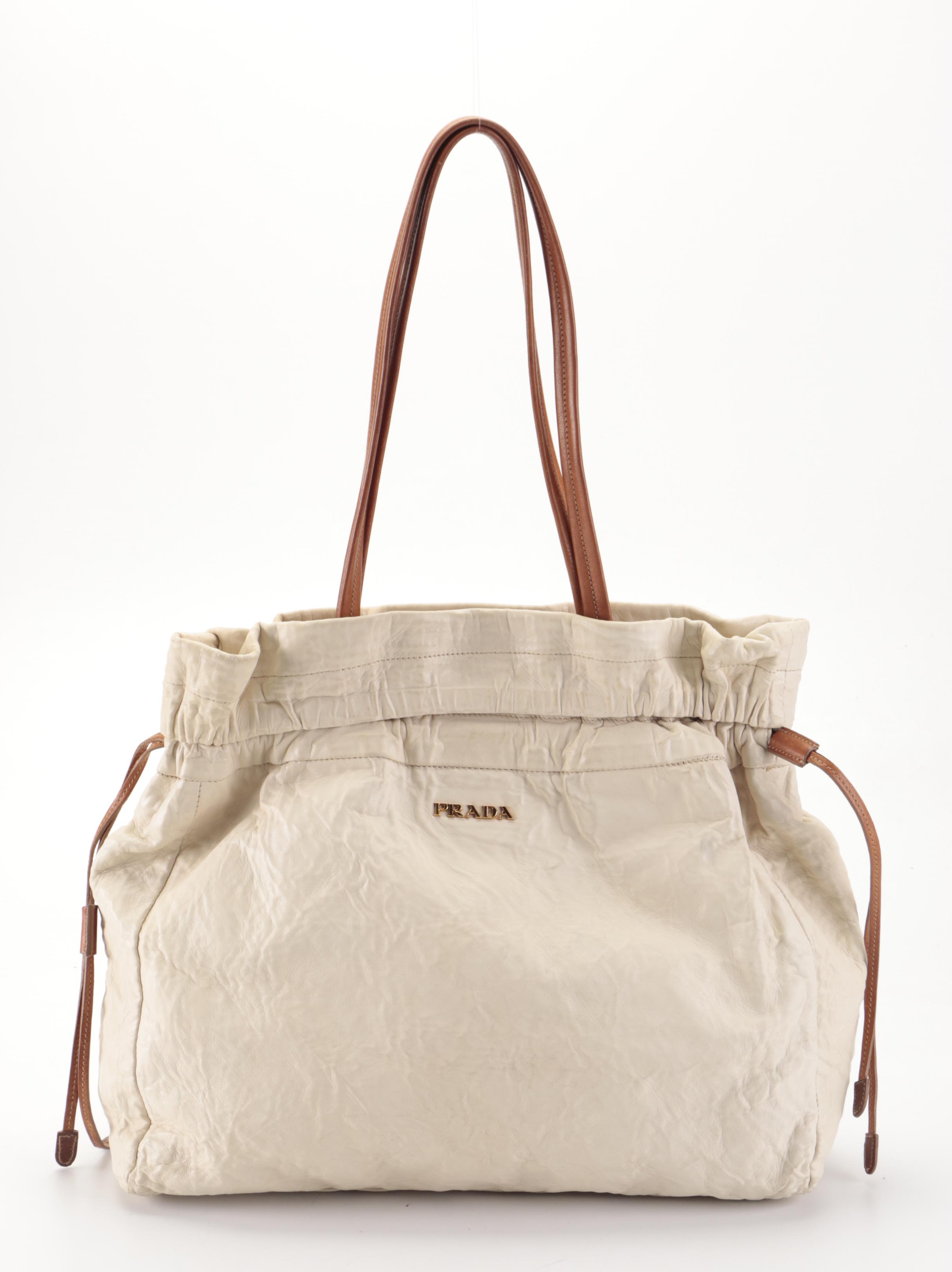 Prada Fold-Over Shoulder Tote in Off-White/Brown Lambskin Leather