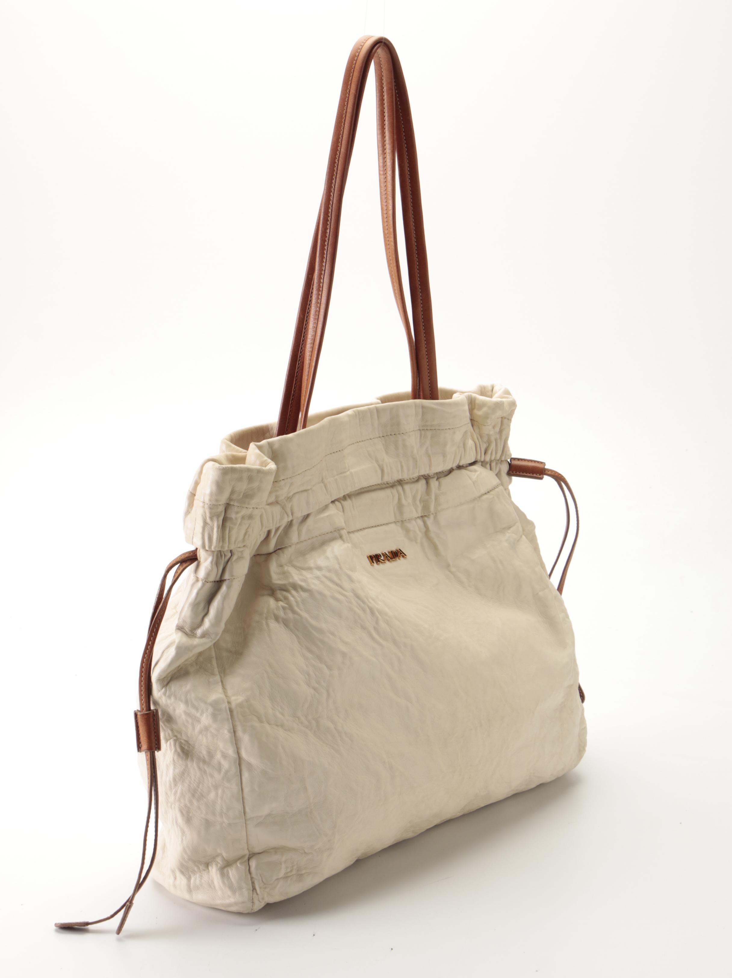 Prada Fold-Over Shoulder Tote in Off-White/Brown Lambskin Leather