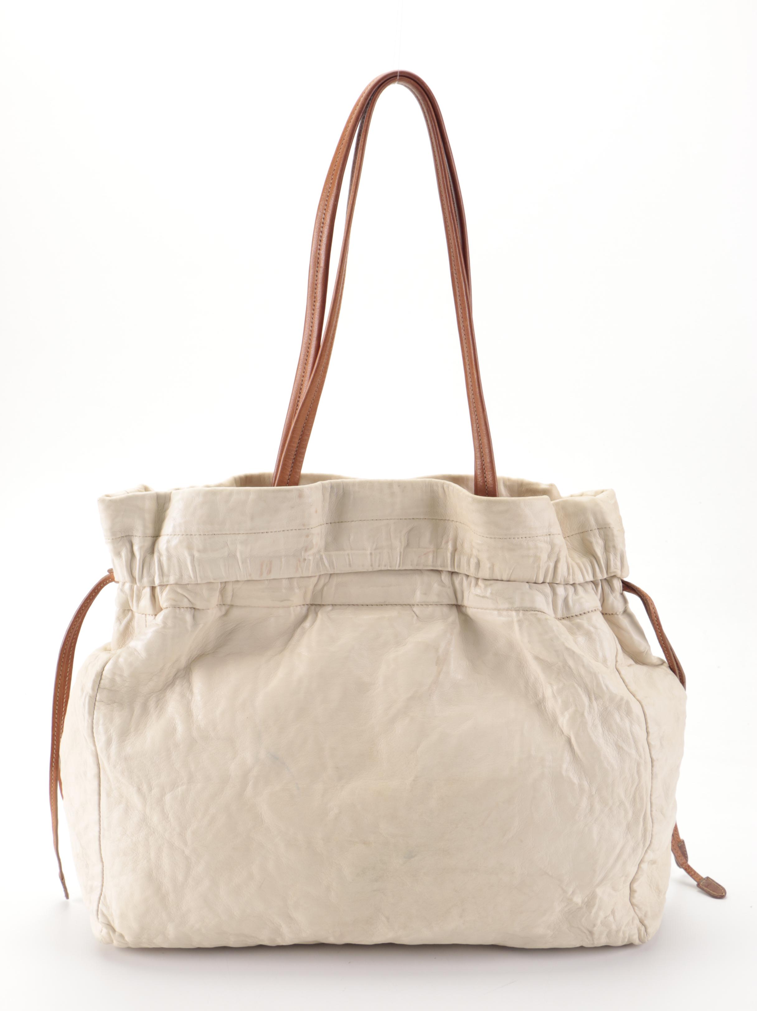 Prada Fold-Over Shoulder Tote in Off-White/Brown Lambskin Leather