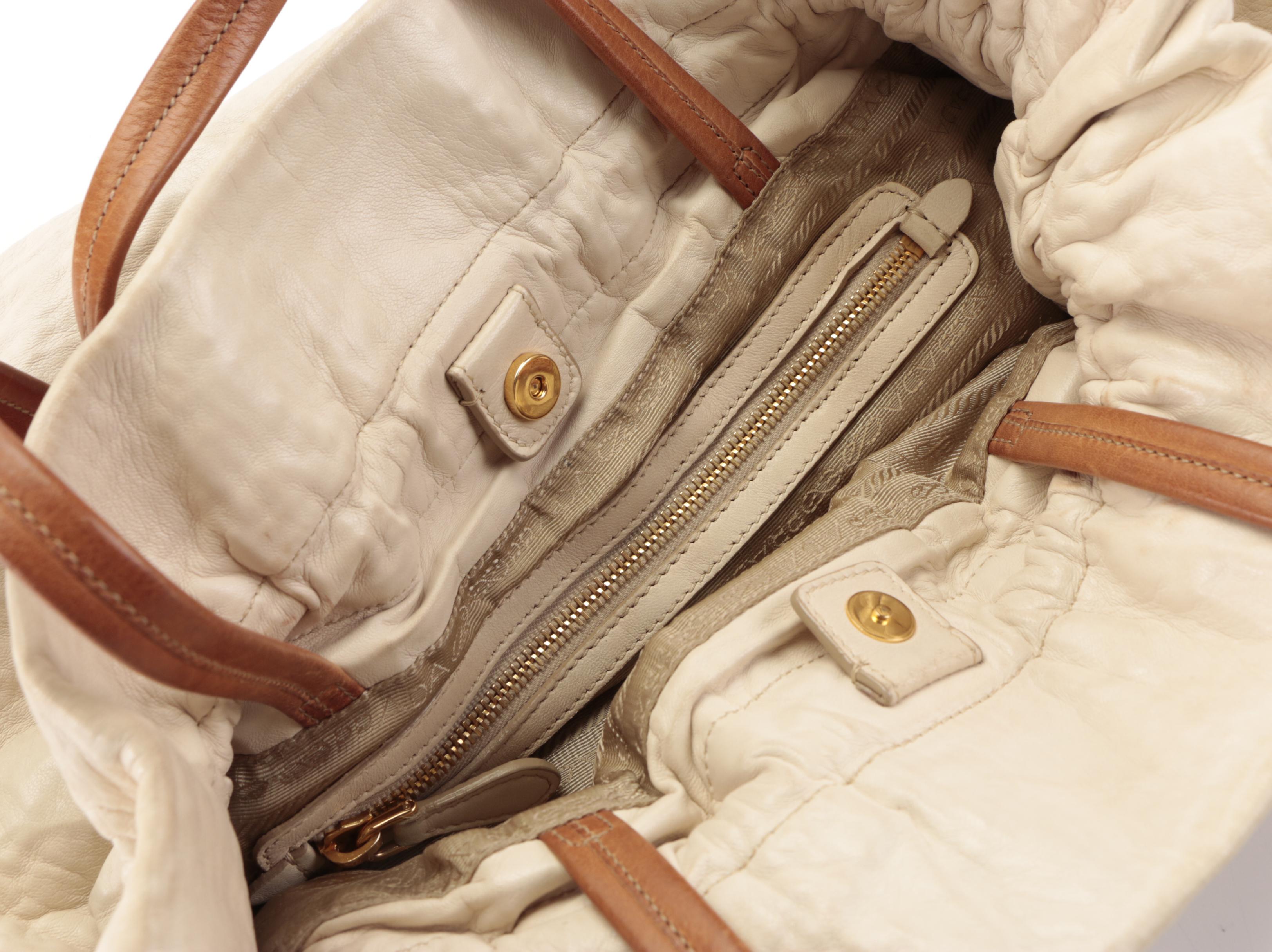 Prada Fold-Over Shoulder Tote in Off-White/Brown Lambskin Leather