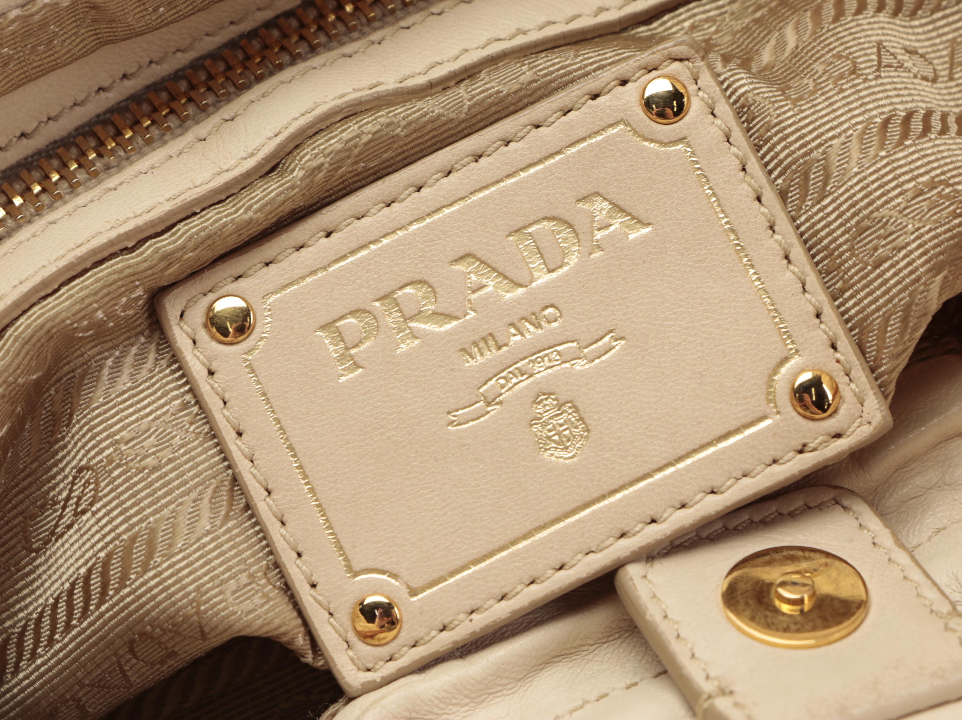 Prada Fold-Over Shoulder Tote in Off-White/Brown Lambskin Leather