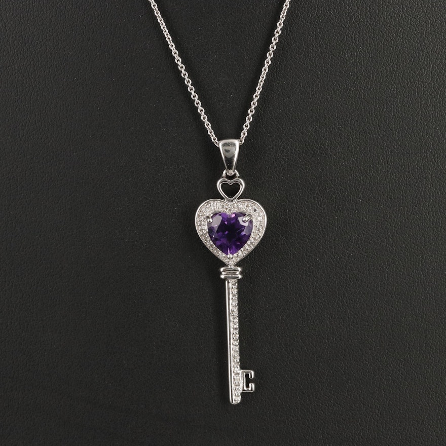 Sterling Amethyst and Diamond Heart Key Pendant on Italian Necklace