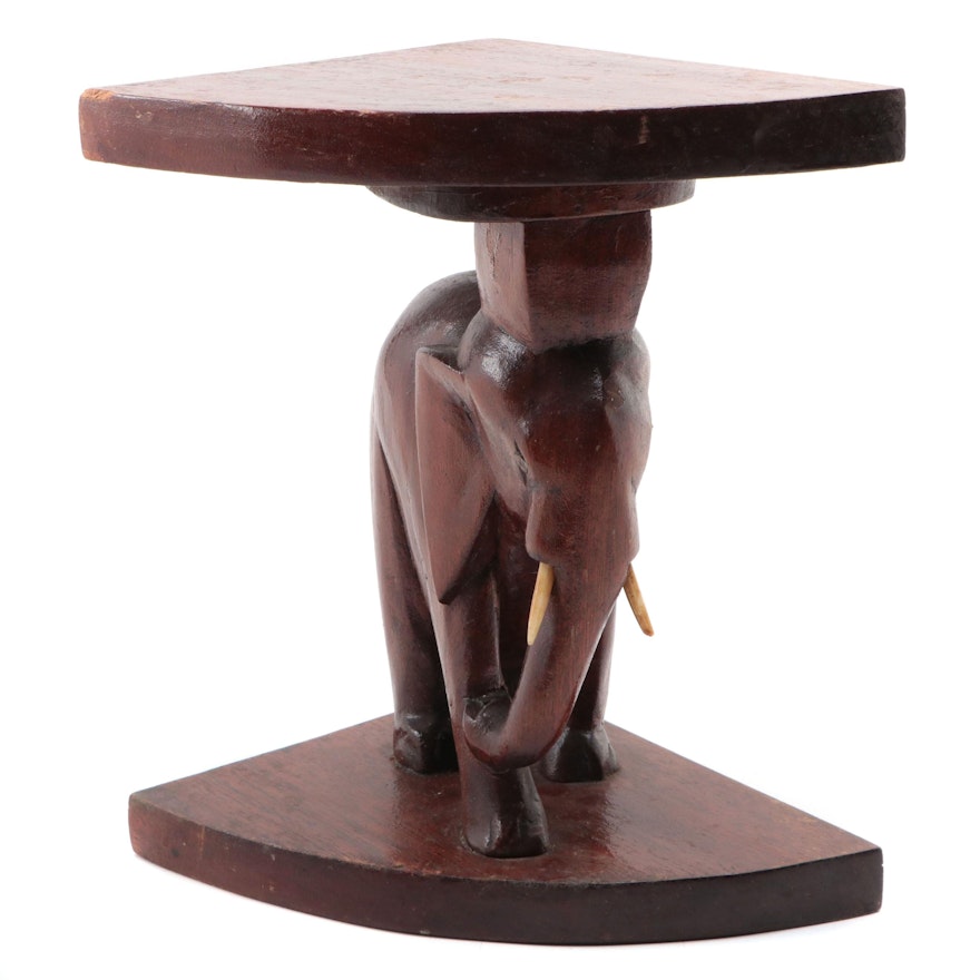 Hand-Carved Exotic Hardwood Figural Elephant Plant Stand, Mid to Late 20th C.