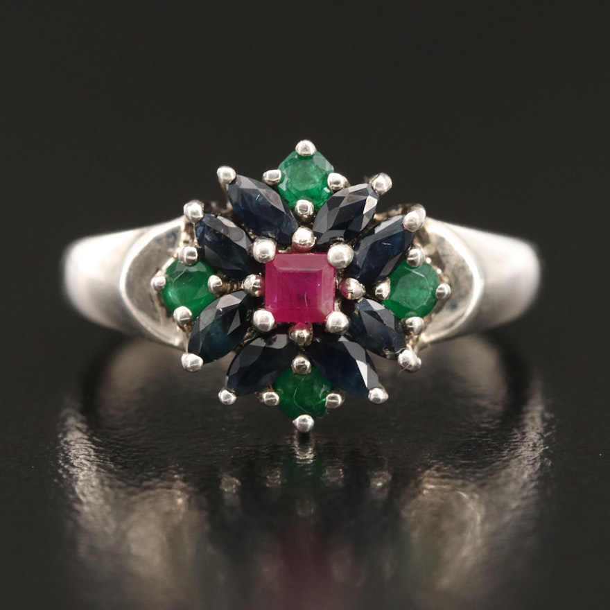 Sterling Cluster Ring with Ruby, Sapphire and Emerald