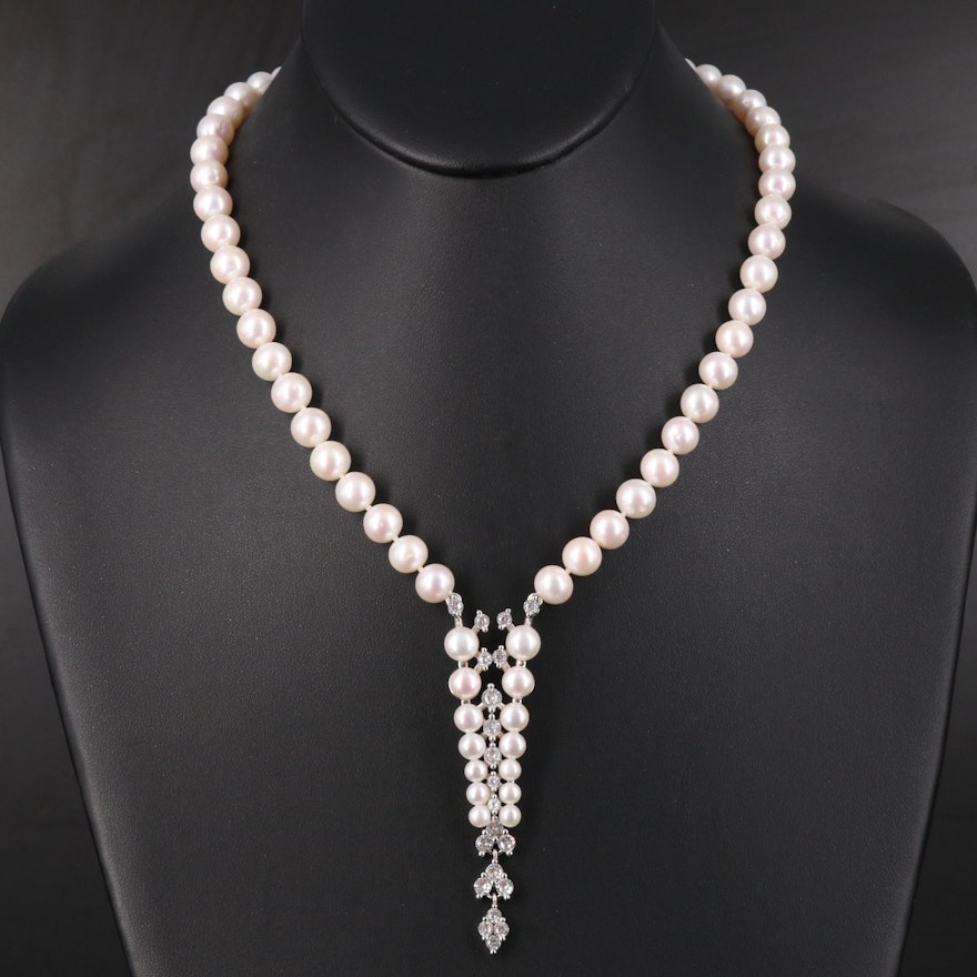 Pearl and Cubic Zirconia Necklace with 14K Clasp