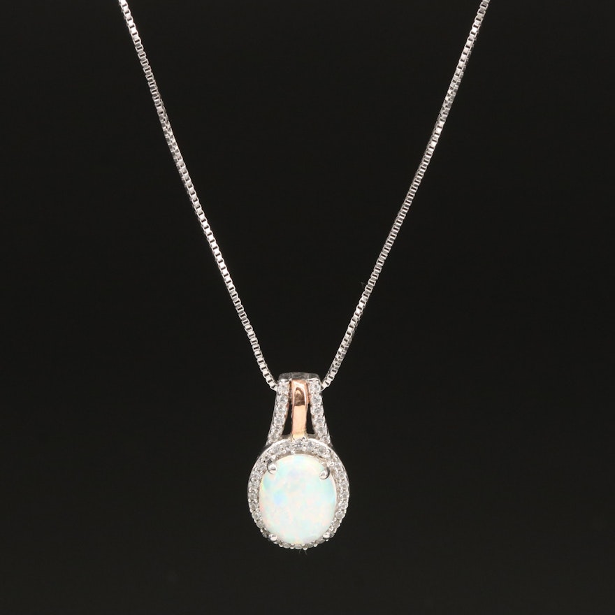 Sterling Opal and Sapphire Oval Pendant Necklace with 10K Accent