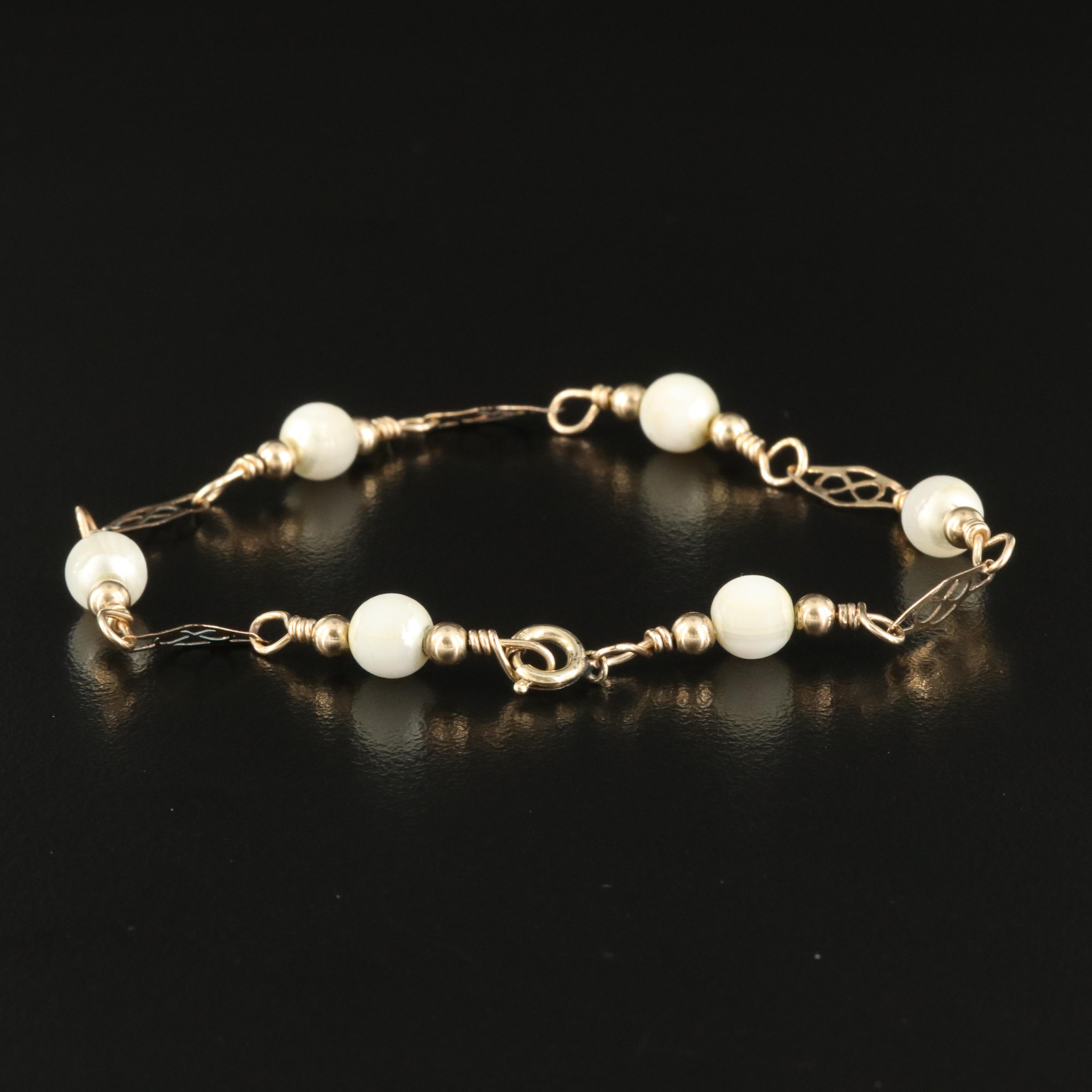 Gold Filled Faux Pearl Station Bracelet