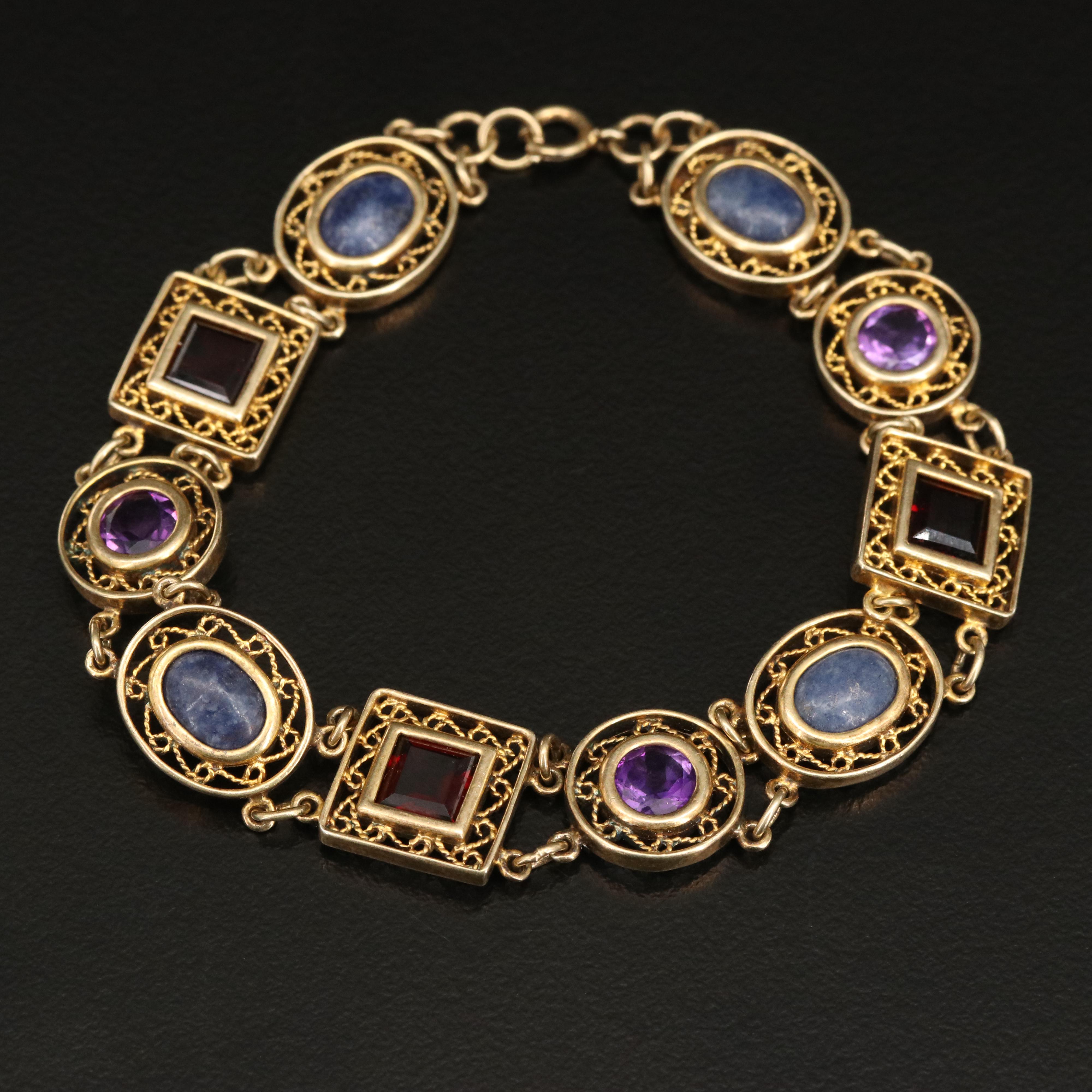 Sterling Filigree Geometric Link Bracelet with Amethyst, Garnet and Sodalite