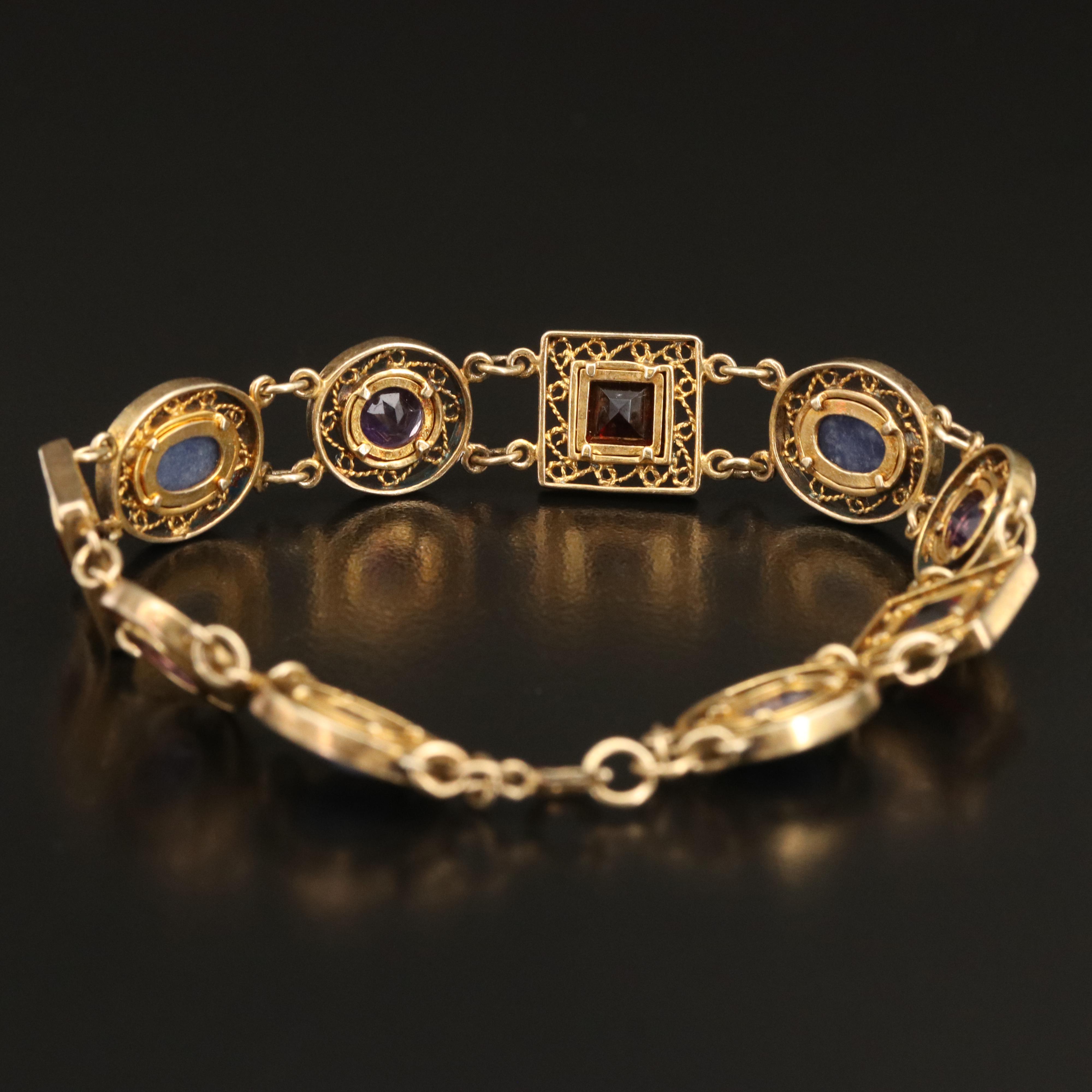 Sterling Filigree Geometric Link Bracelet with Amethyst, Garnet and Sodalite