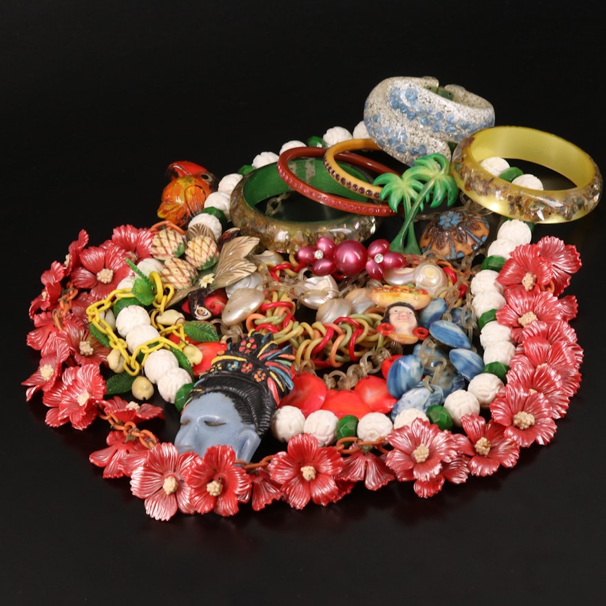 Vintage Collection of Early Plastic Jewelry Including Celluloid and Bakelite