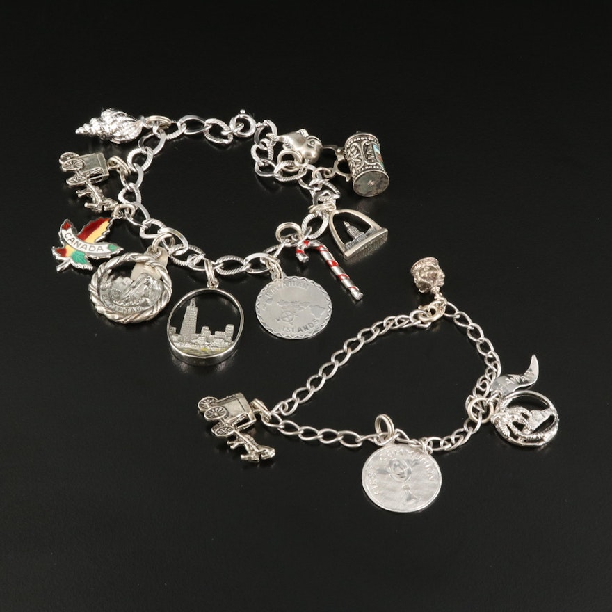 Vintage Sterling Charm Bracelets with Travel and Shell Charms