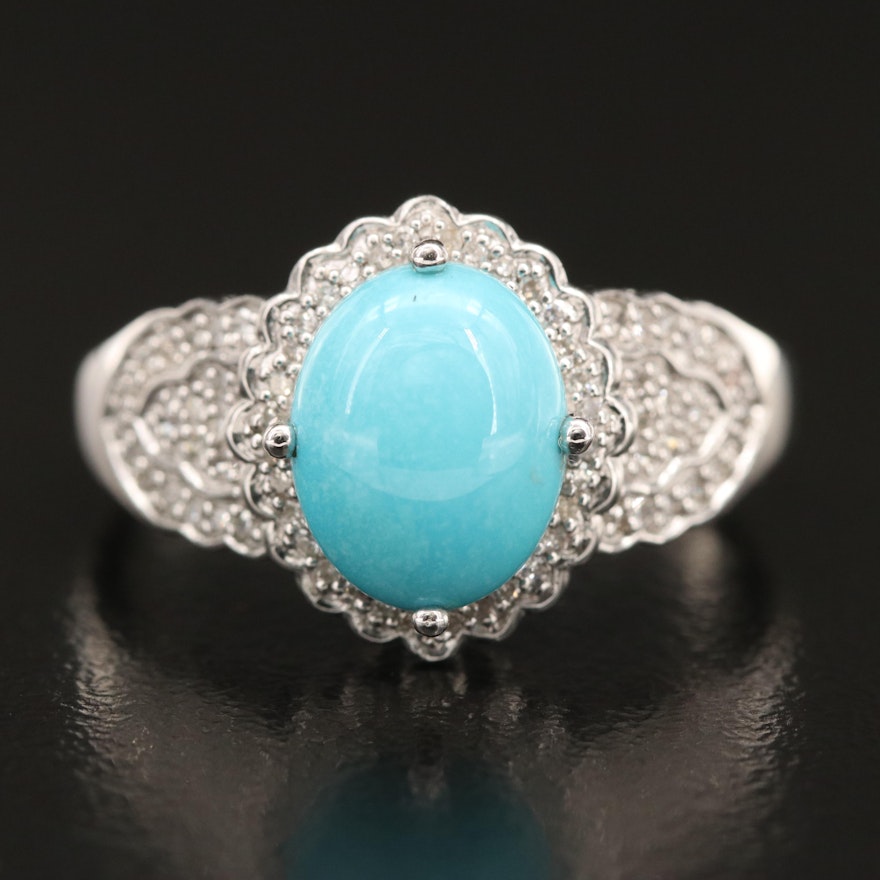 Sterling Turquoise and Diamond Ring with Scalloped Edge