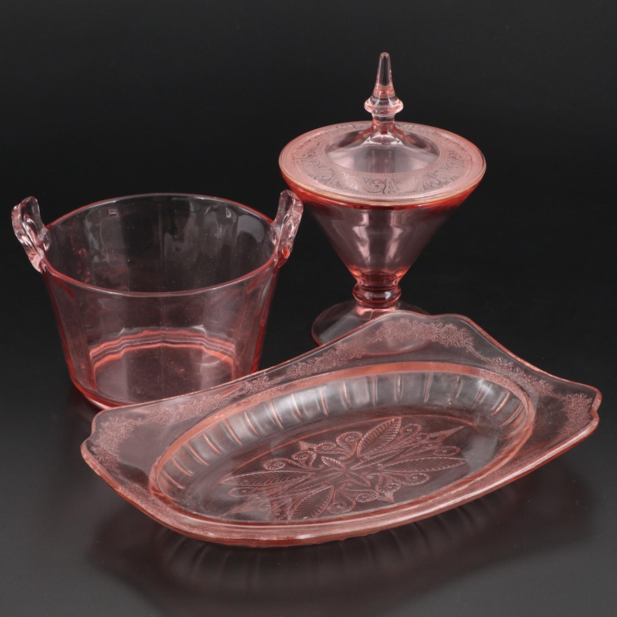 Jeannette "Adam Pink" Oval Platter with Other Pink Depression Glass Tableware