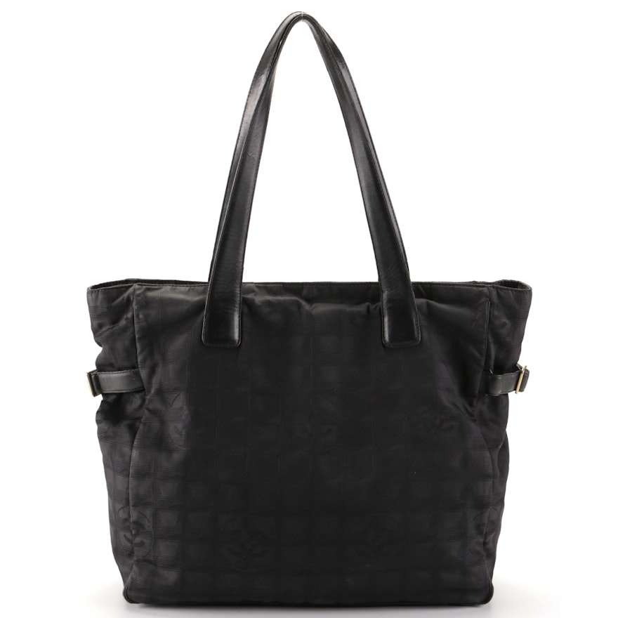 Chanel Travel Line Tote Bag in Black Nylon Jacquard and Leather