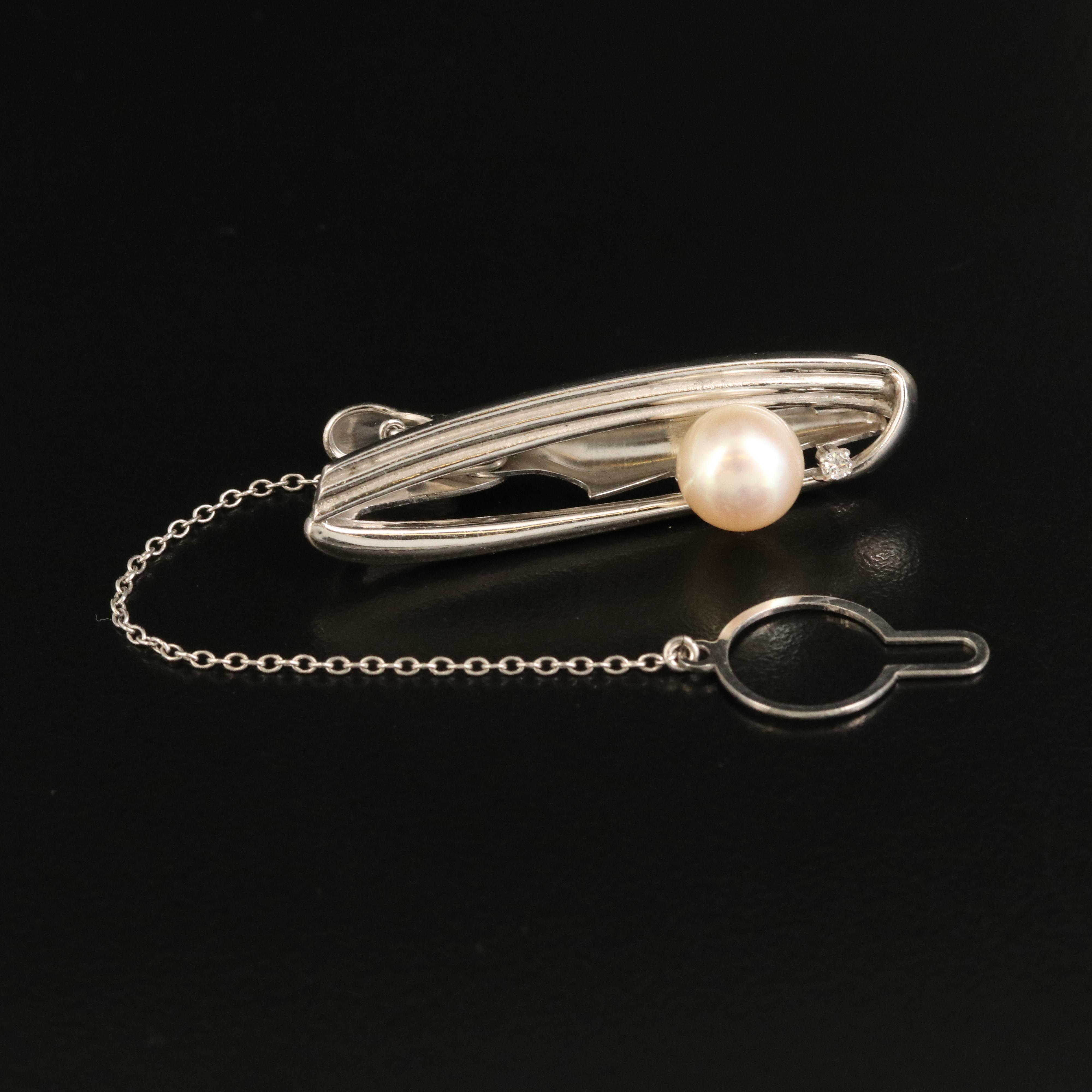 Vintage Mikimoto 14K Pearl and Diamond Tie Clip
