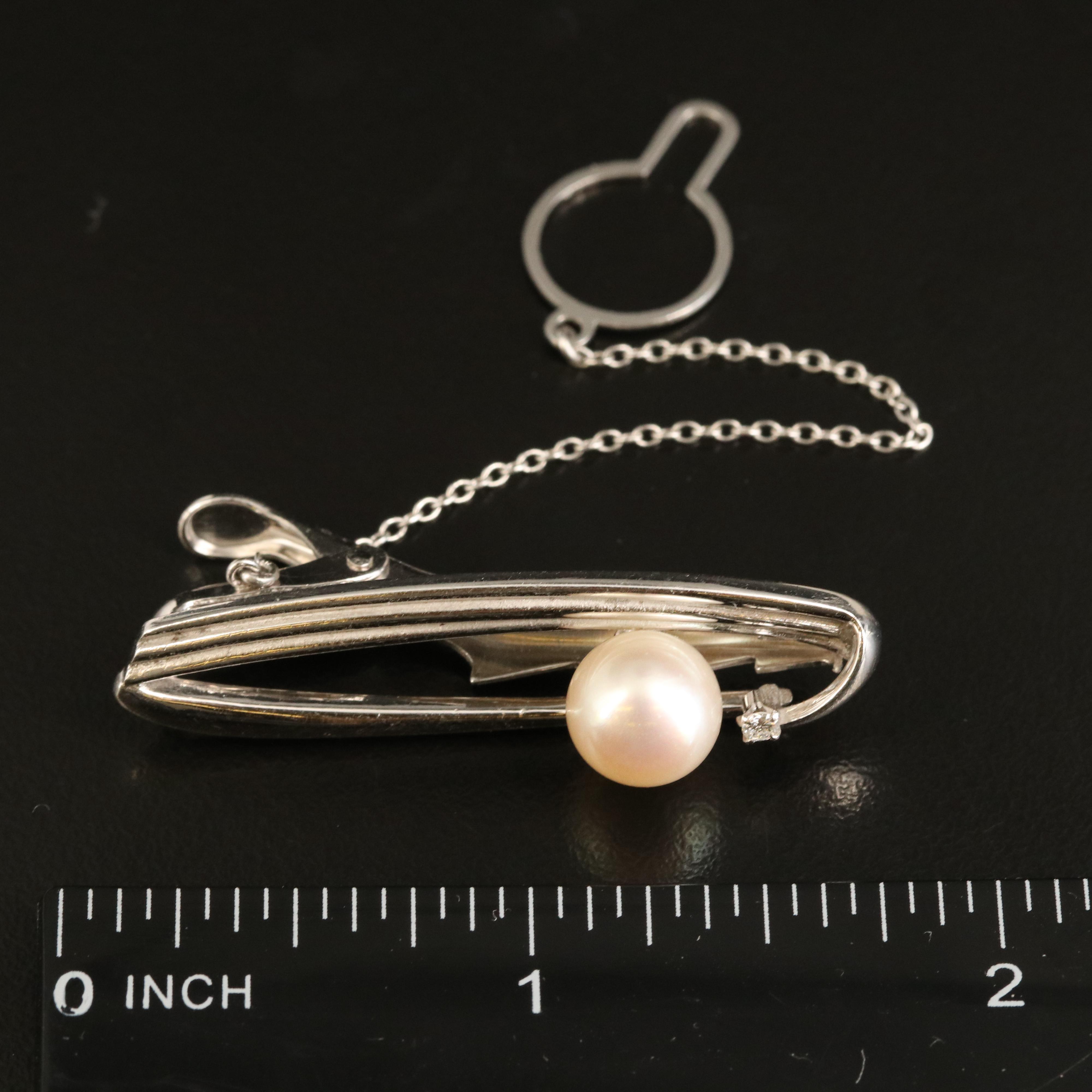 Vintage Mikimoto 14K Pearl and Diamond Tie Clip