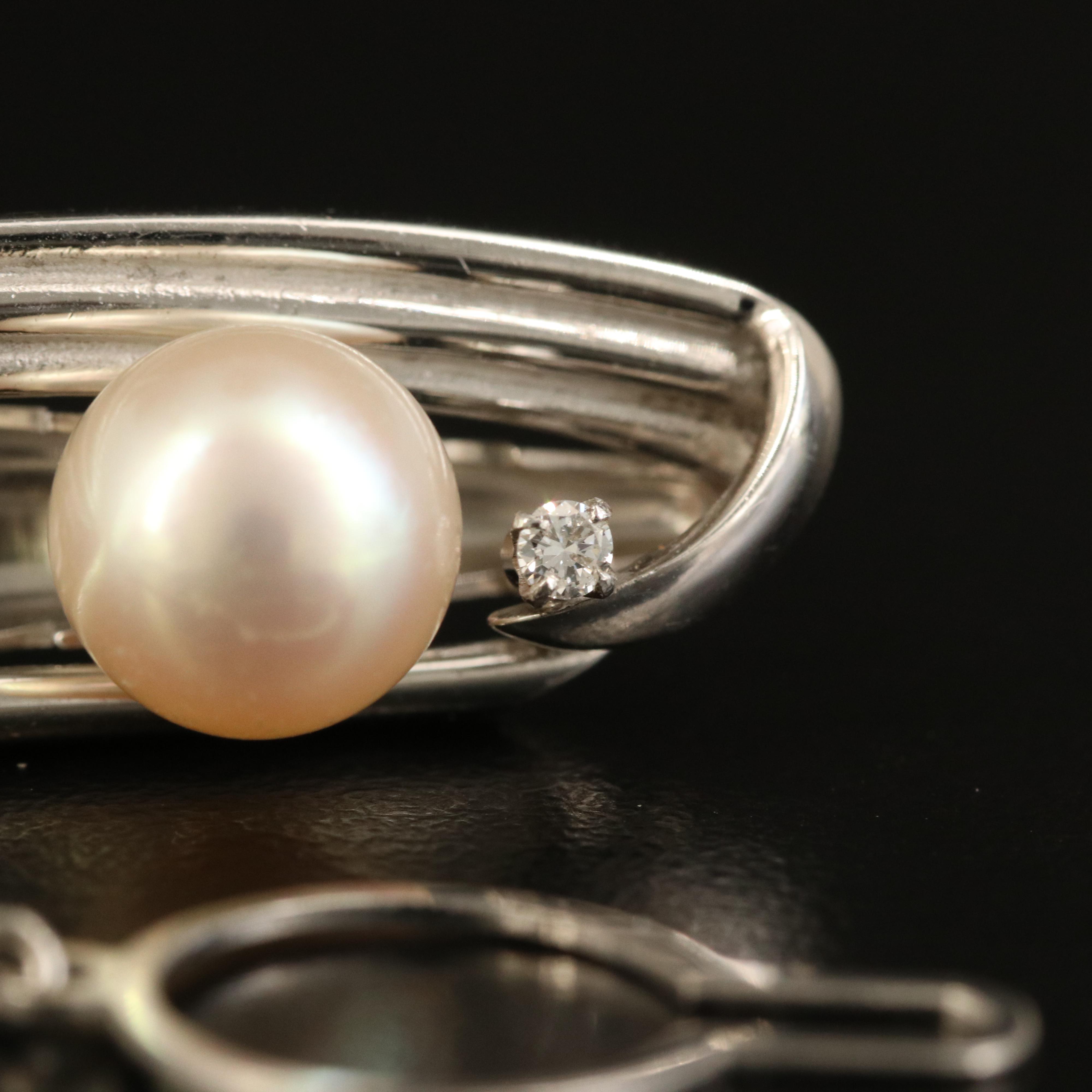 Vintage Mikimoto 14K Pearl and Diamond Tie Clip