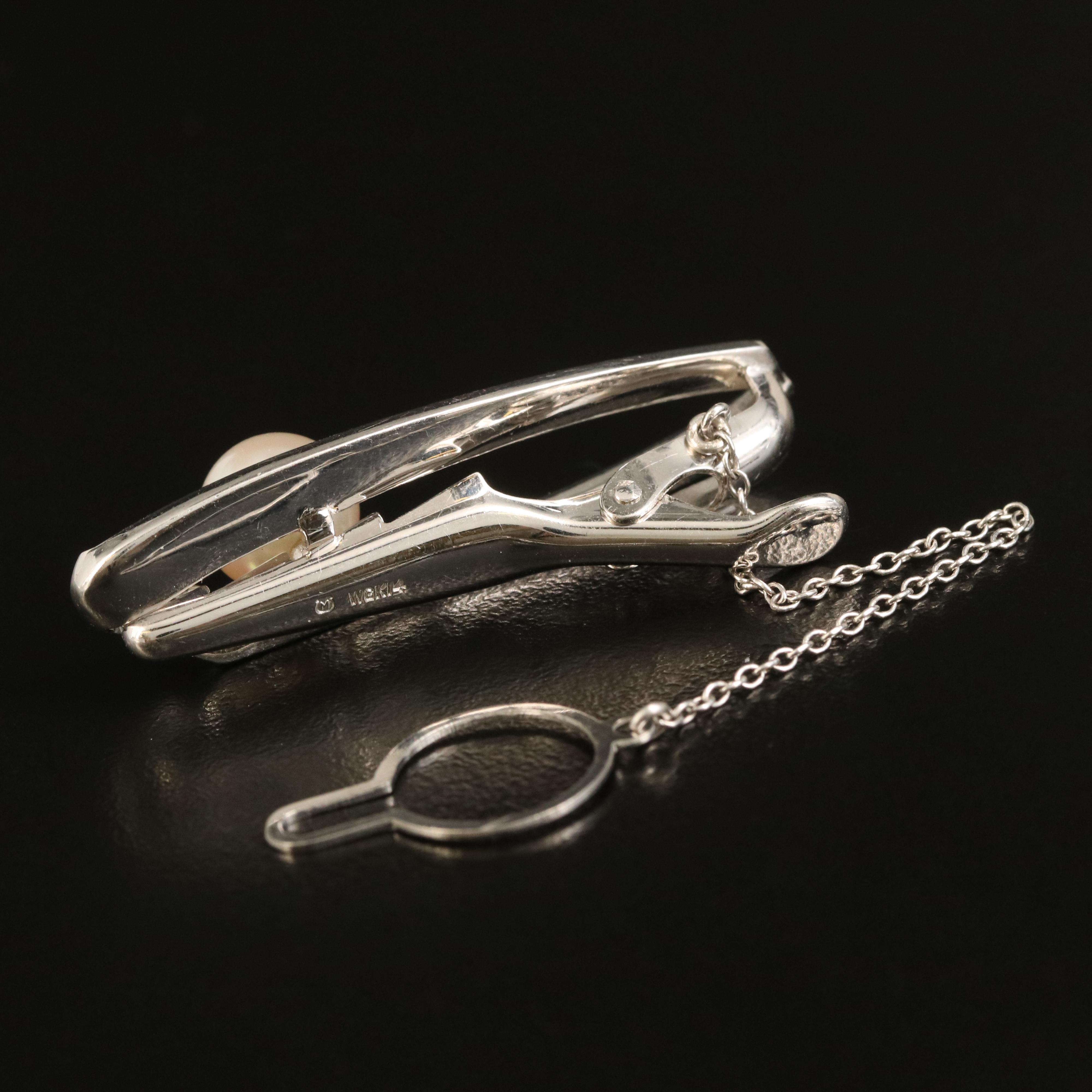 Vintage Mikimoto 14K Pearl and Diamond Tie Clip