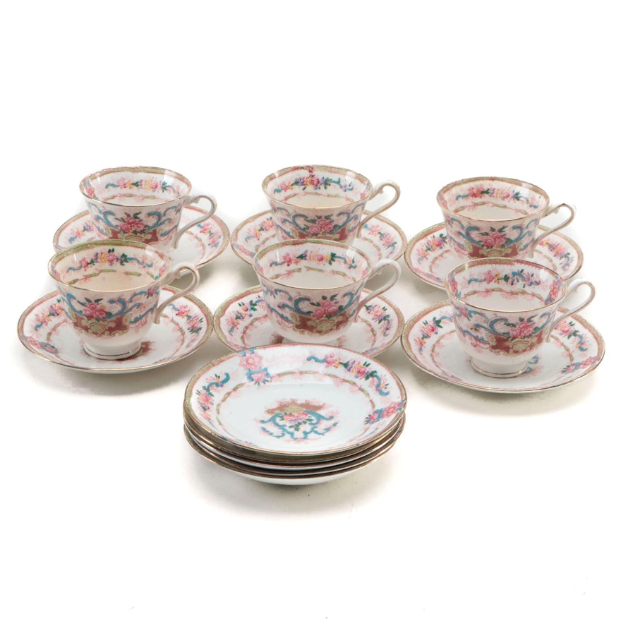 Royal Stafford Hand-Painted Floral Bone China Cups and Saucers, Mid-20th Century