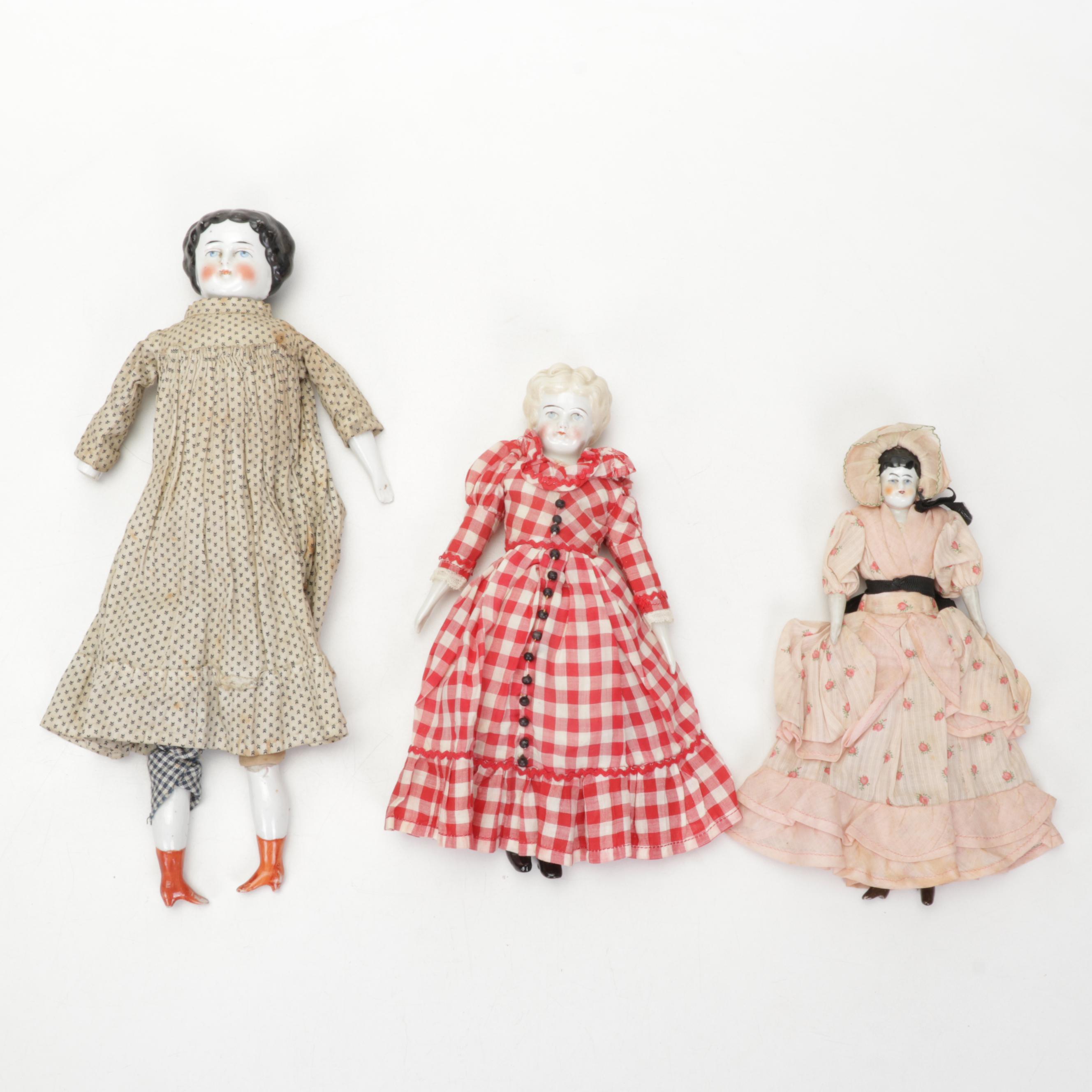 Porcelain China Head Dolls Featuring "Low Brow" and "Flat Top"