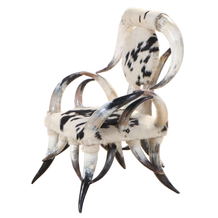 Steer Horn Armchair with Cowhide Upholstery
