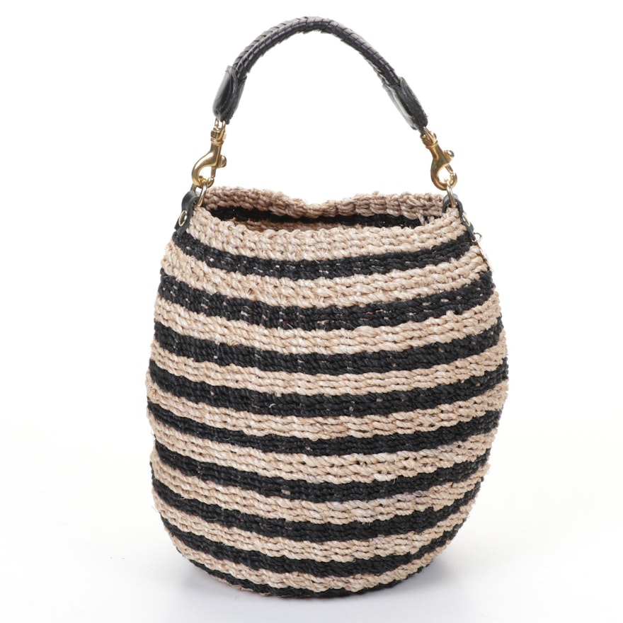 Clare V. Striped Woven Top Handle Basket Bag With Leather Accents