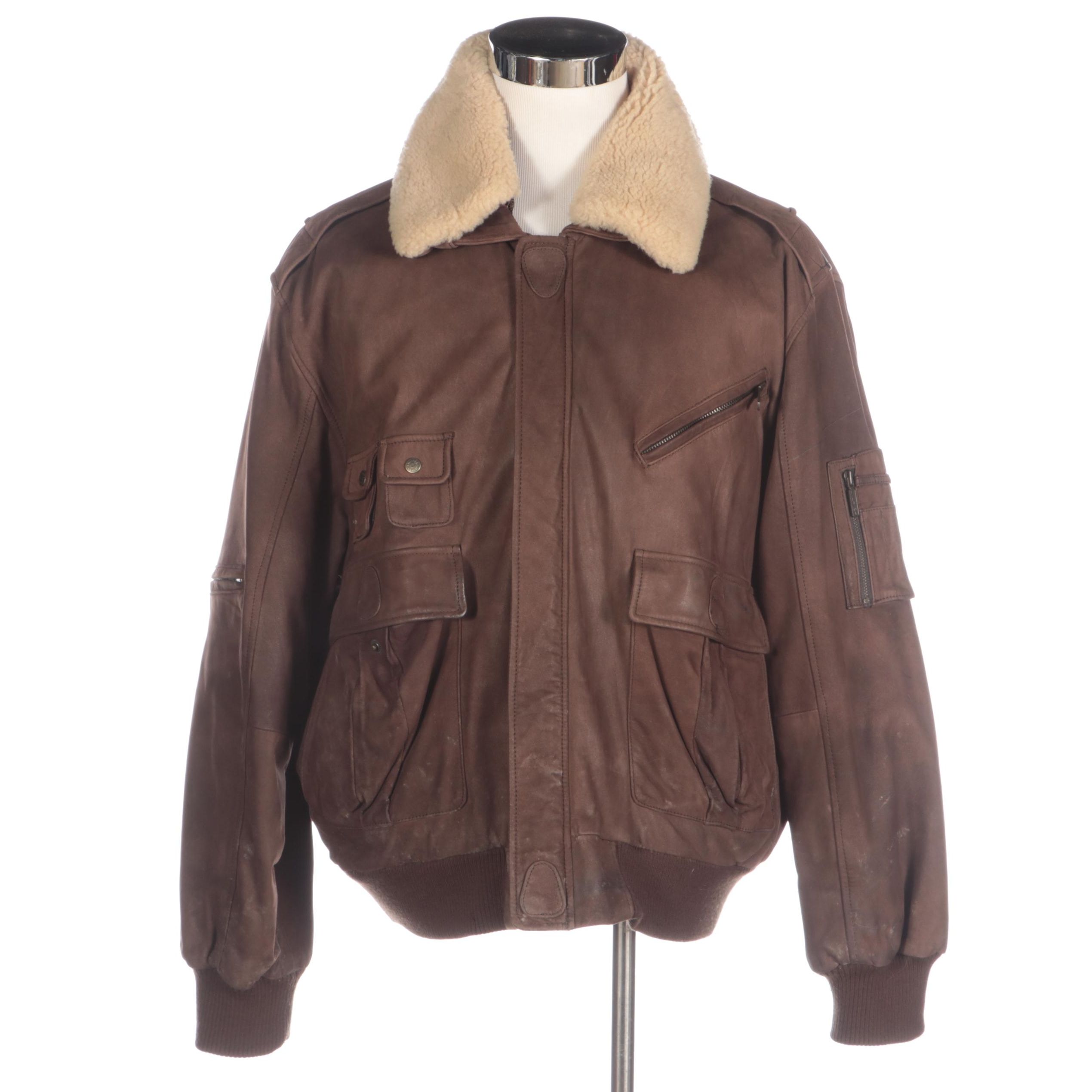 Men's Fabiani Leather Bomber Jacket with Detachable Sheepskin Collar