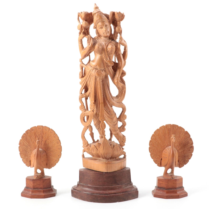 Carved Wood Hindu Goddess Lakshmi Figurine with Peacocks