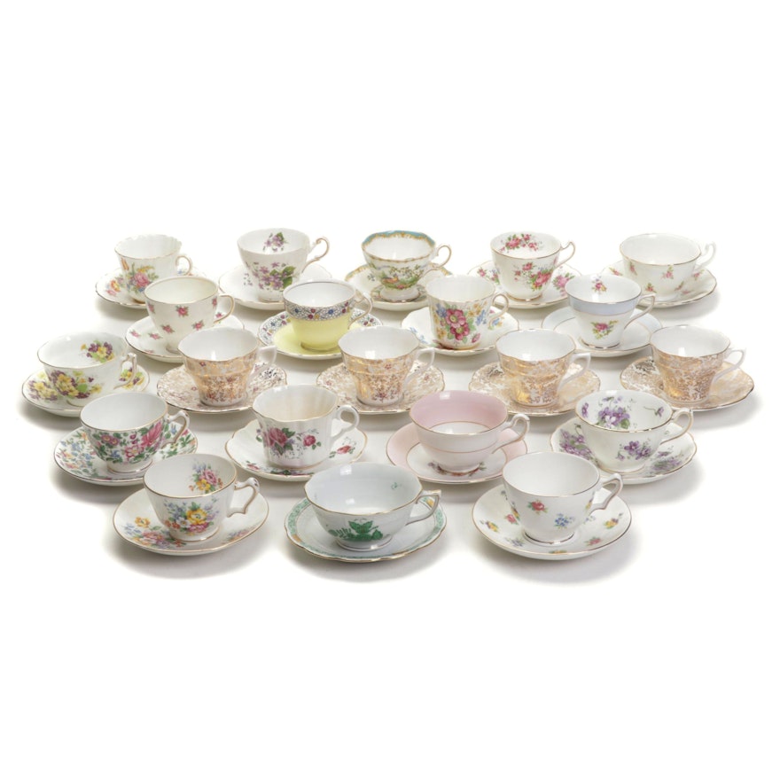 Herend "Chinese Bouquet" & Other European Bone China Teacups and Saucers