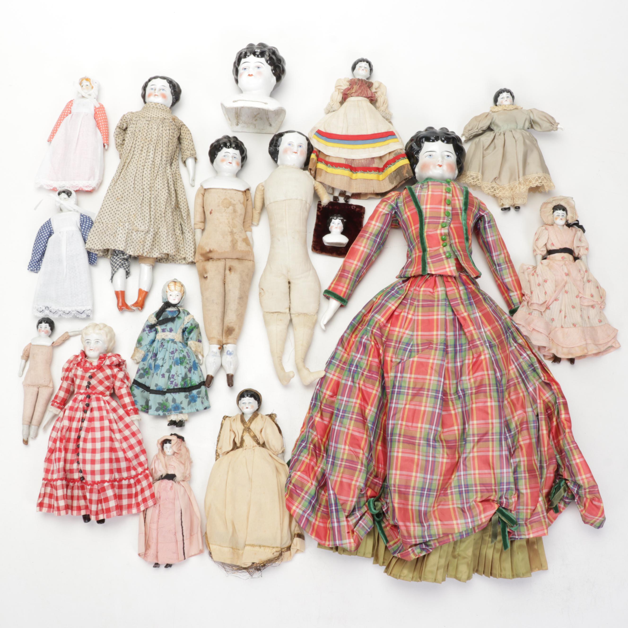 Porcelain China Head Dolls Featuring "Low Brow" and "Flat Top"