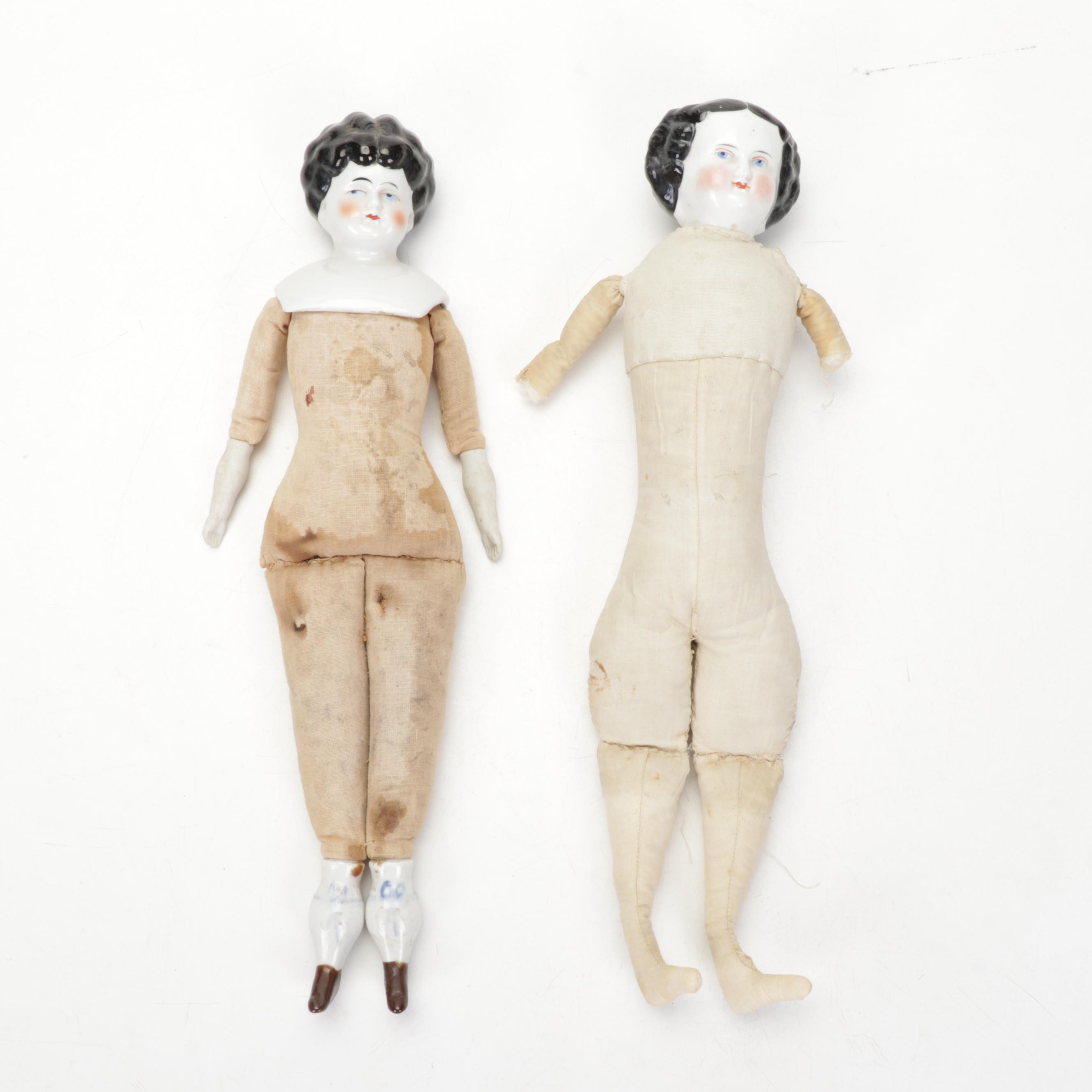 Porcelain China Head Dolls Featuring "Low Brow" and "Flat Top"