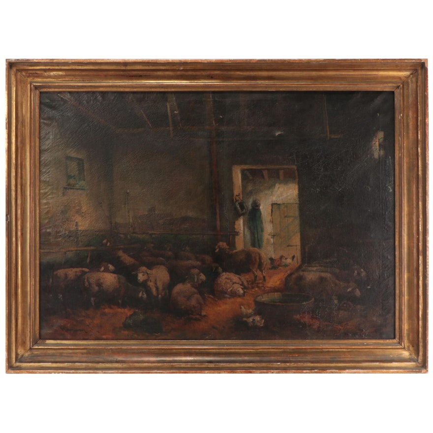 Oil Painting of Sheep in Barn, Early 20th Century