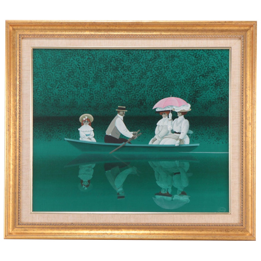 Jan Balet Oil Painting of Family in Boat