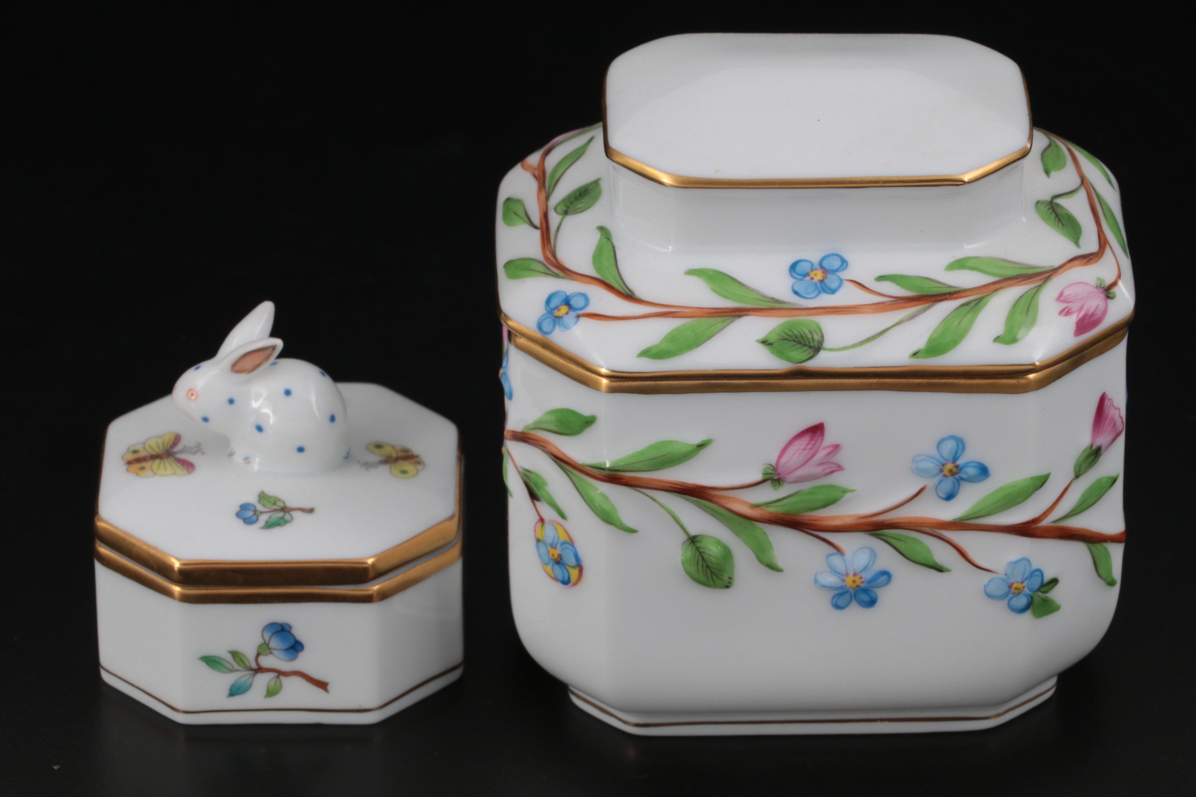 Herend Tea Caddy and Bunny Box with Open Weave Herend Baskets