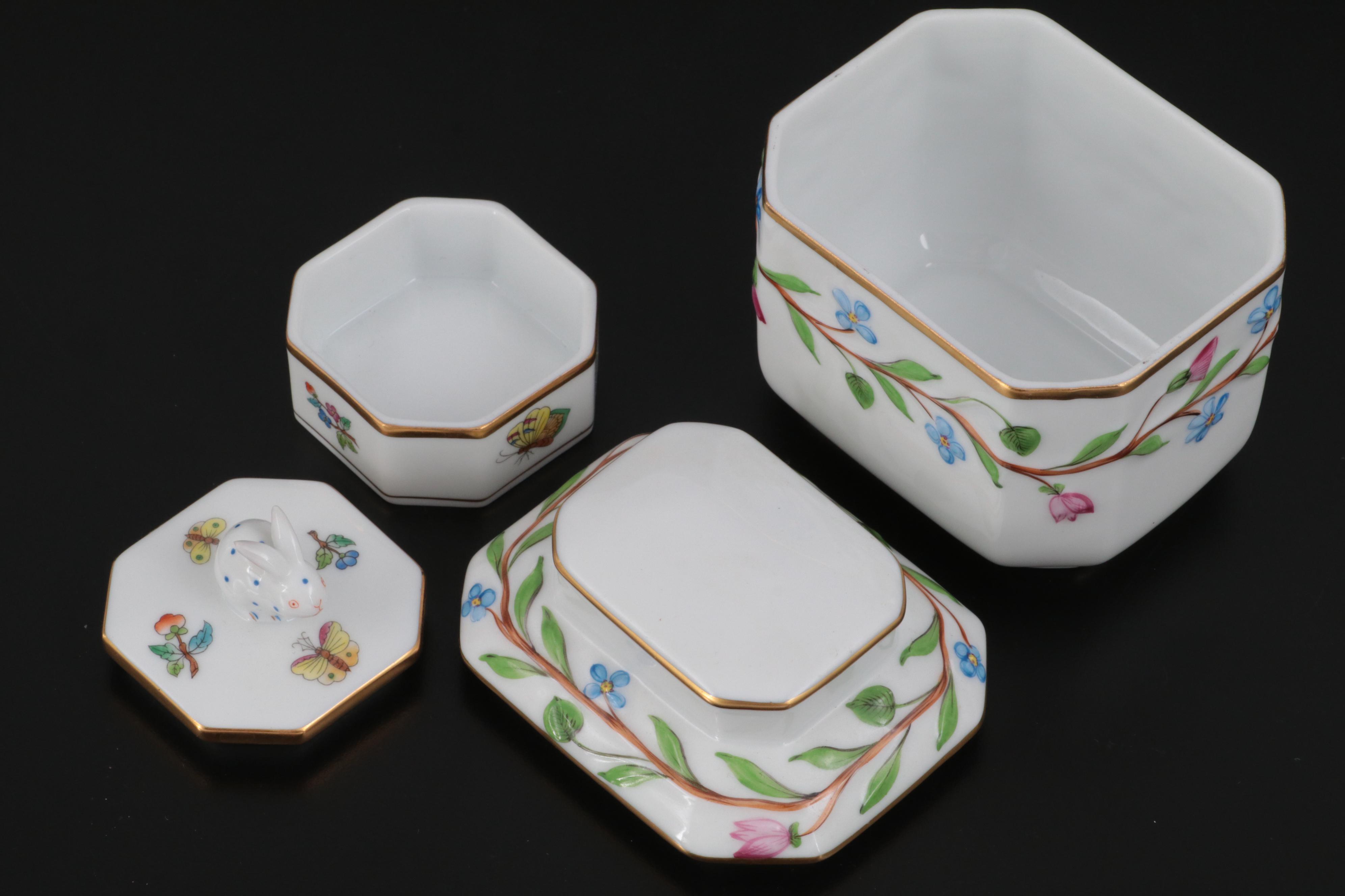 Herend Tea Caddy and Bunny Box with Open Weave Herend Baskets