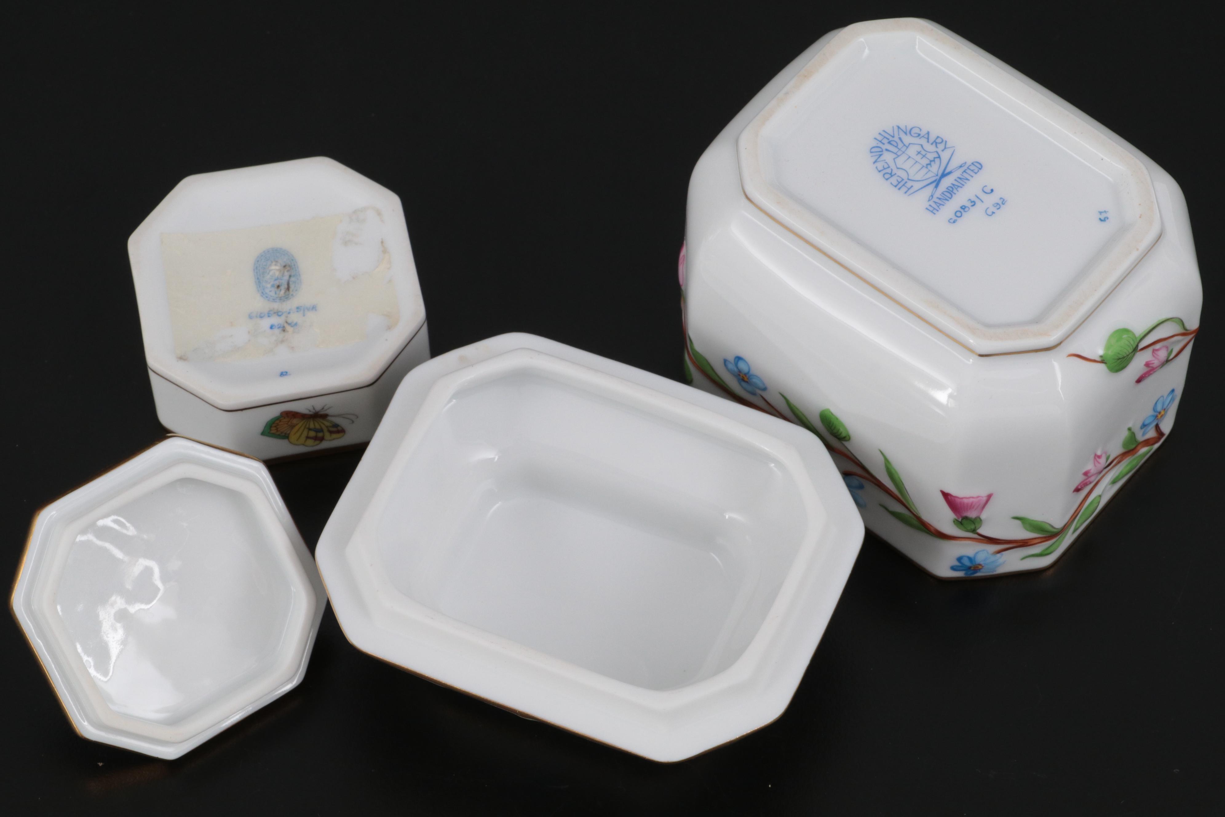 Herend Tea Caddy and Bunny Box with Open Weave Herend Baskets