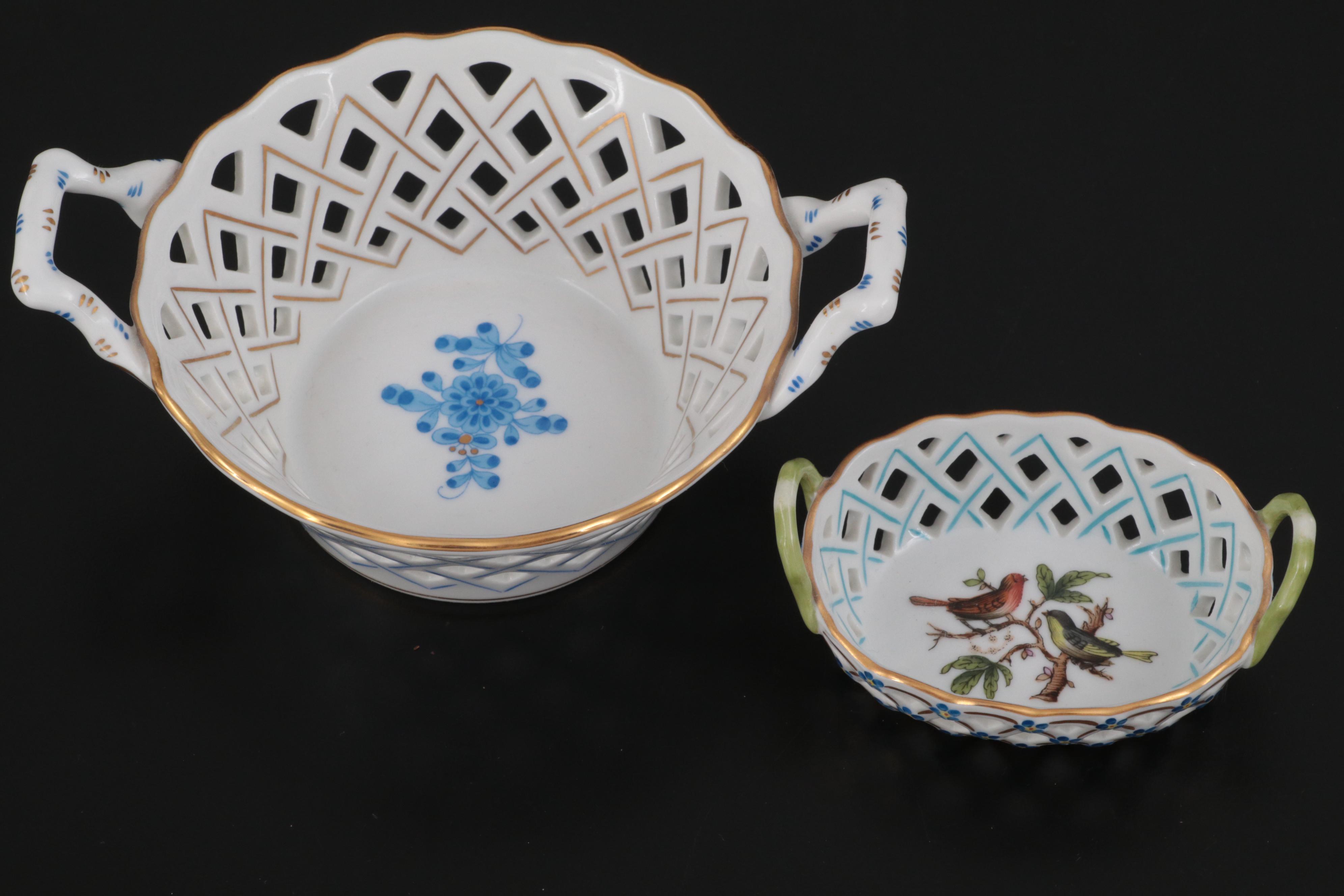 Herend Tea Caddy and Bunny Box with Open Weave Herend Baskets