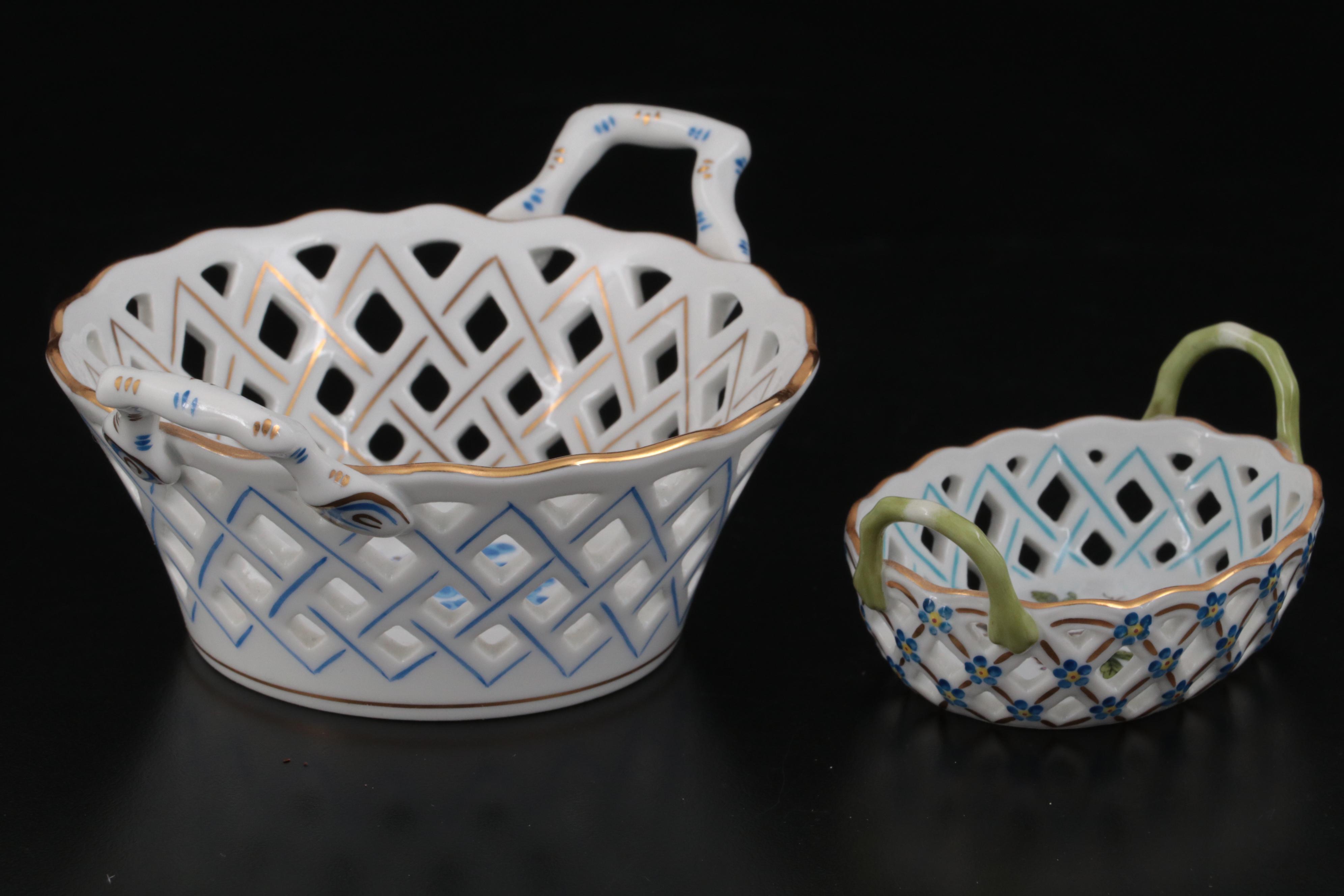 Herend Tea Caddy and Bunny Box with Open Weave Herend Baskets