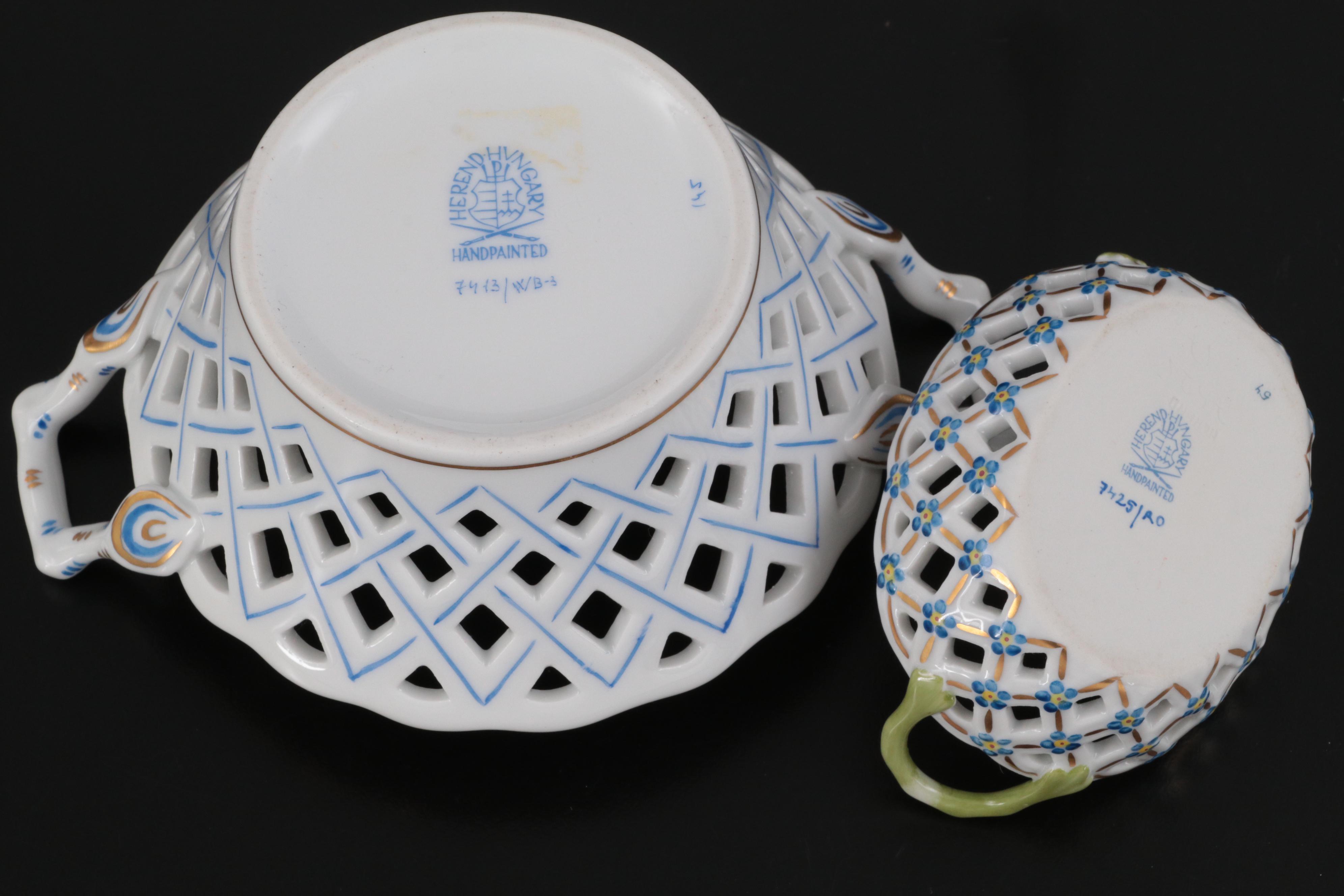 Herend Tea Caddy and Bunny Box with Open Weave Herend Baskets