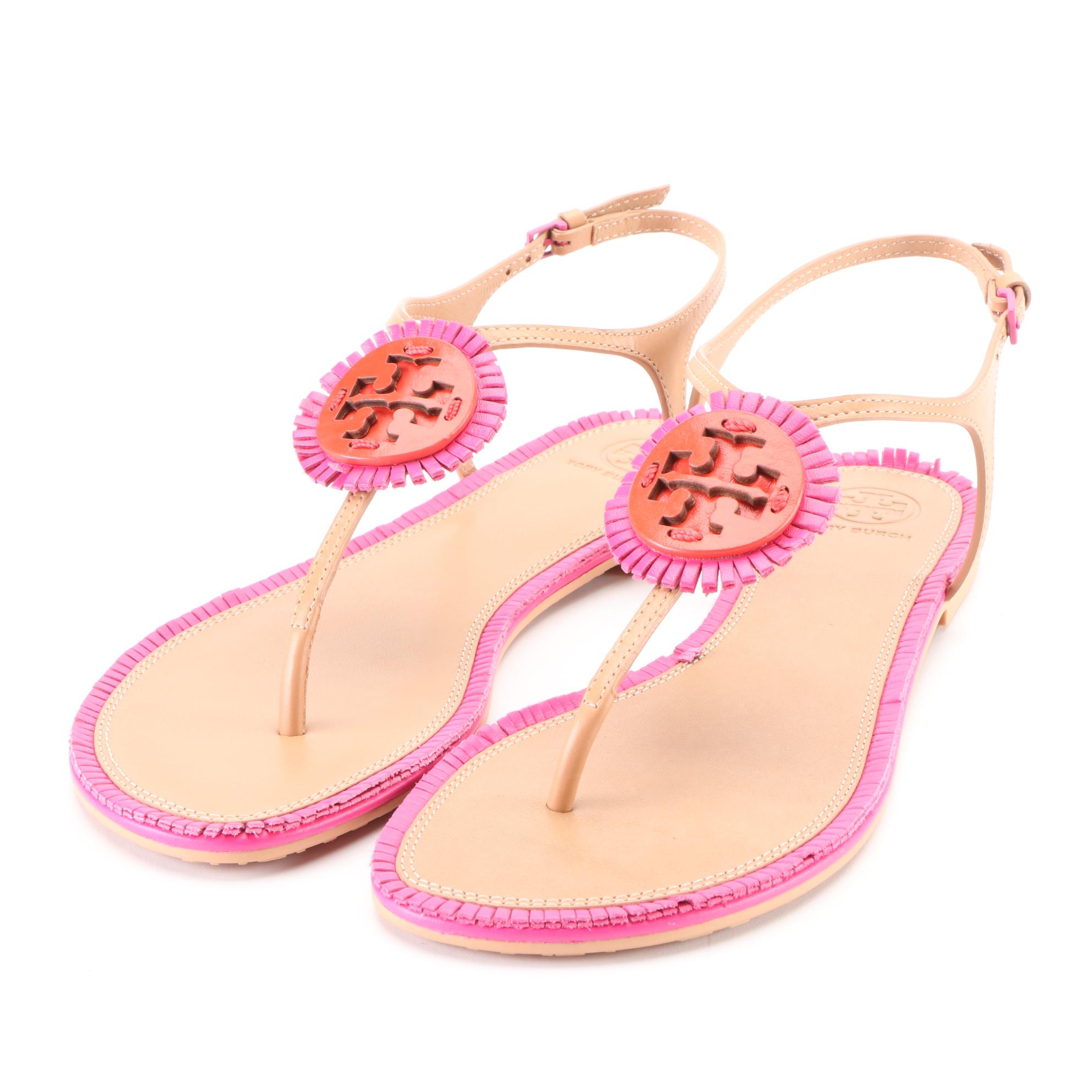 Tory Burch Miller Fringe Flat Leather Sandals with Box