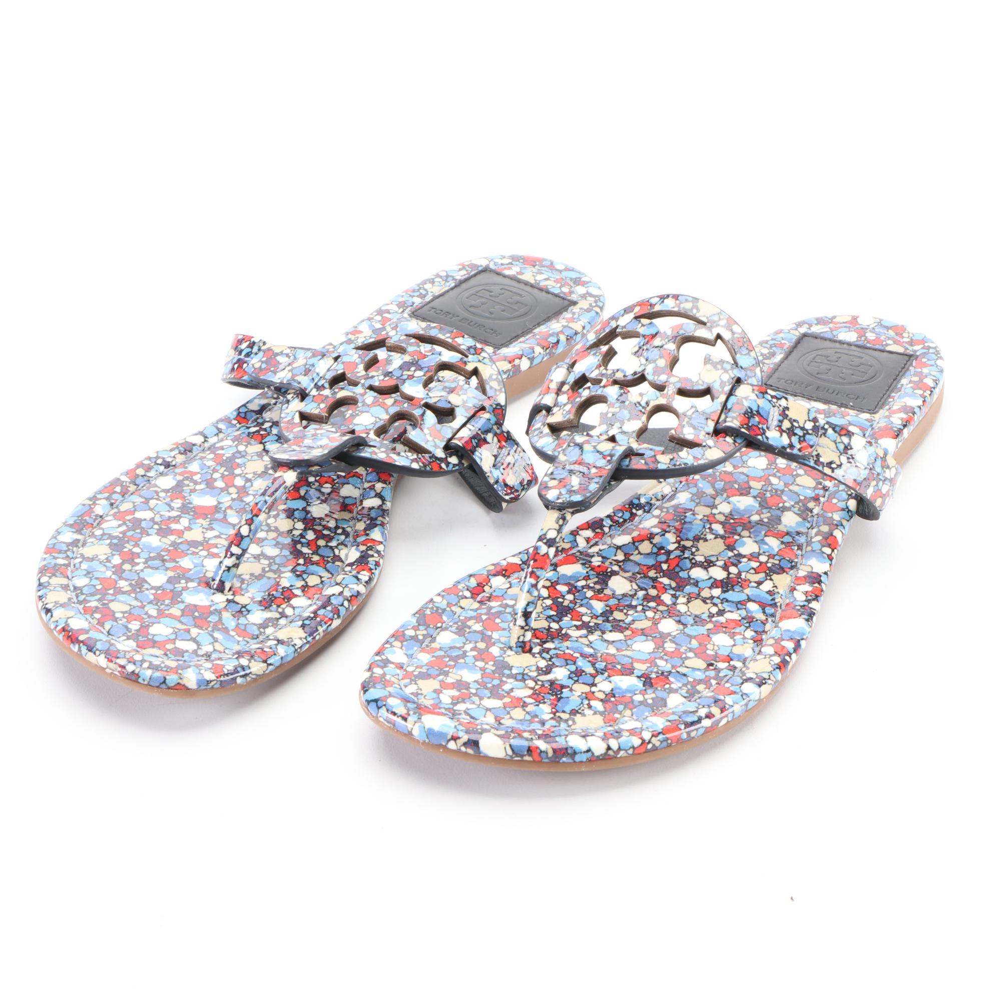Tory Burch Liberty Patterned Patent Leather Flat Sandals with Box