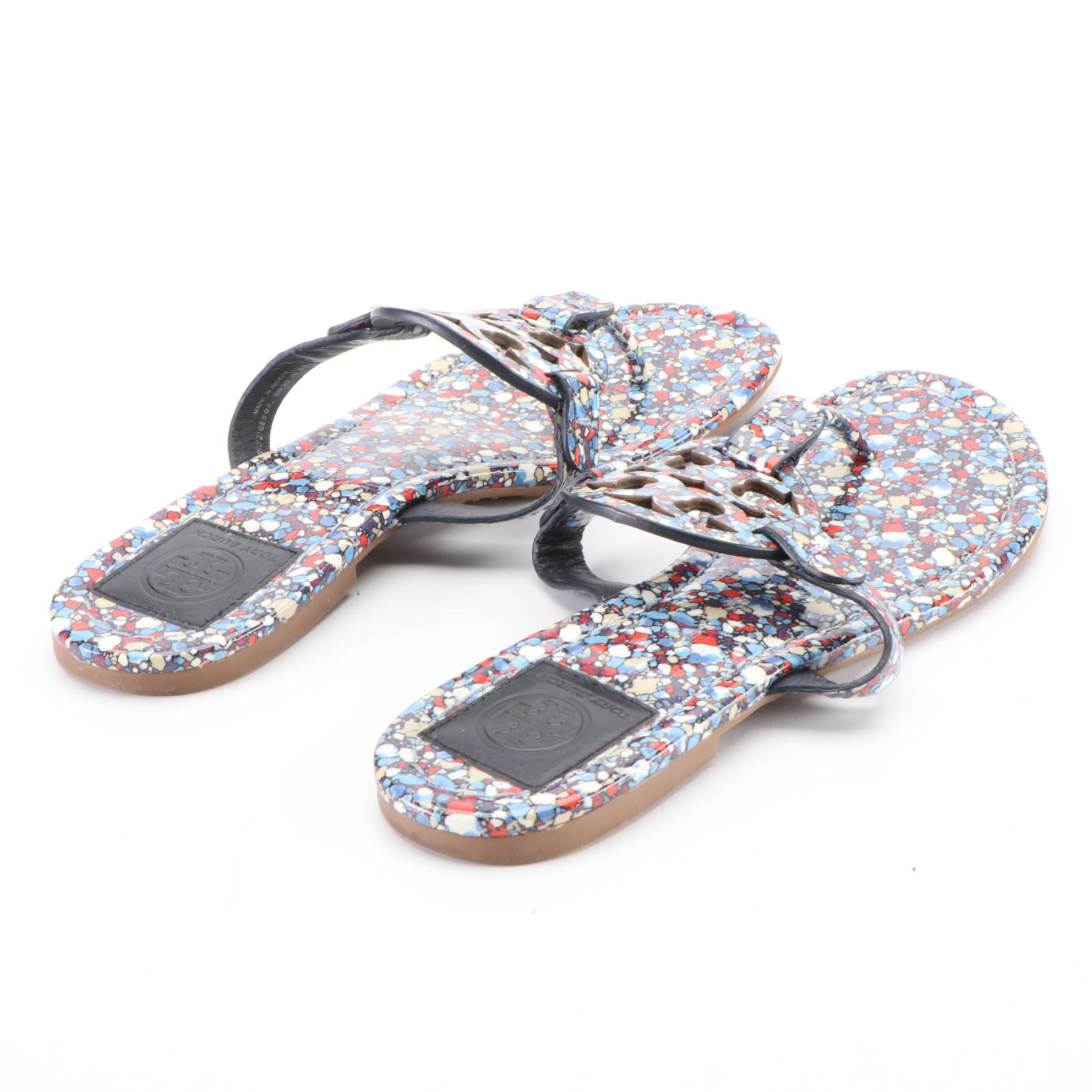 Tory Burch Liberty Patterned Patent Leather Flat Sandals with Box