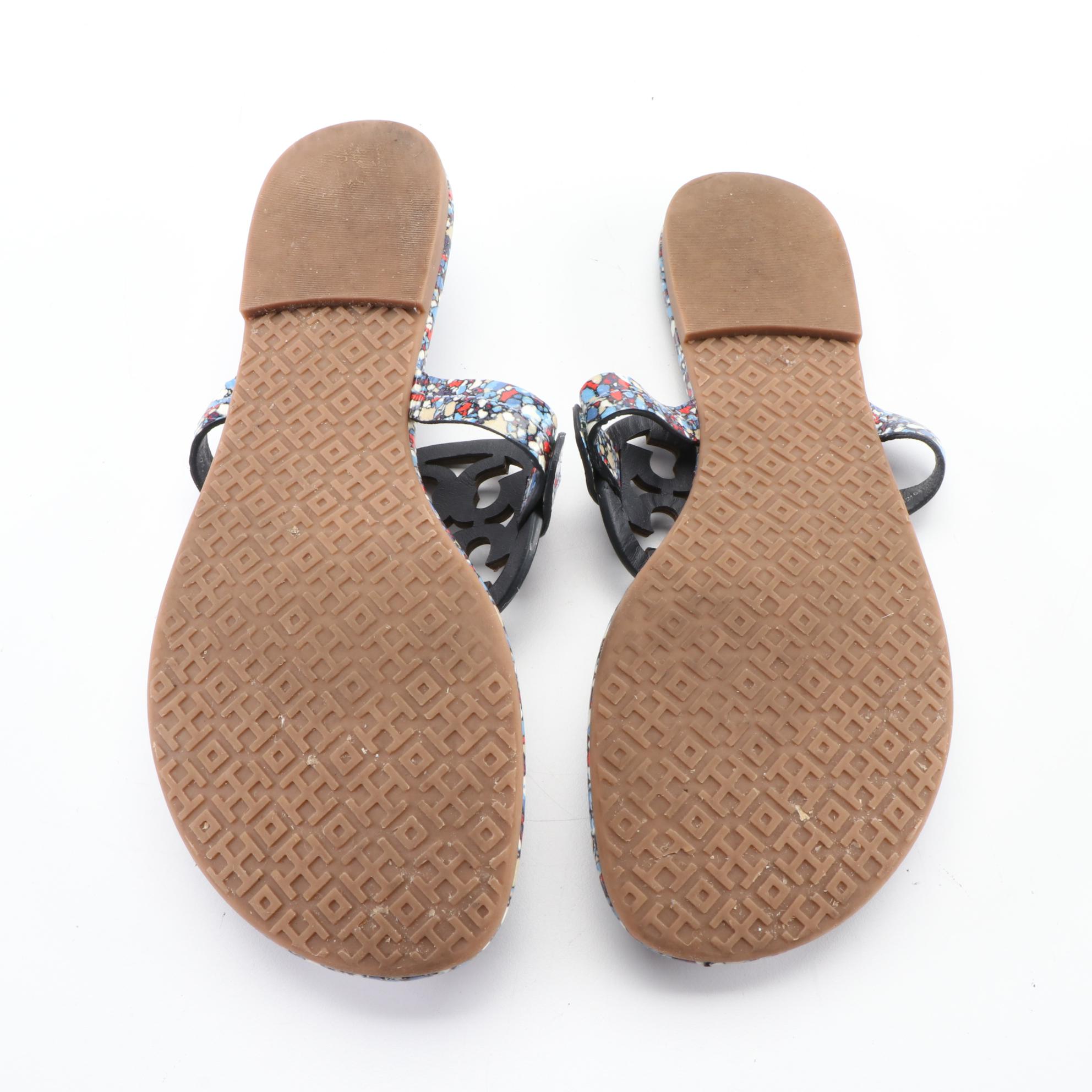 Tory Burch Liberty Patterned Patent Leather Flat Sandals with Box